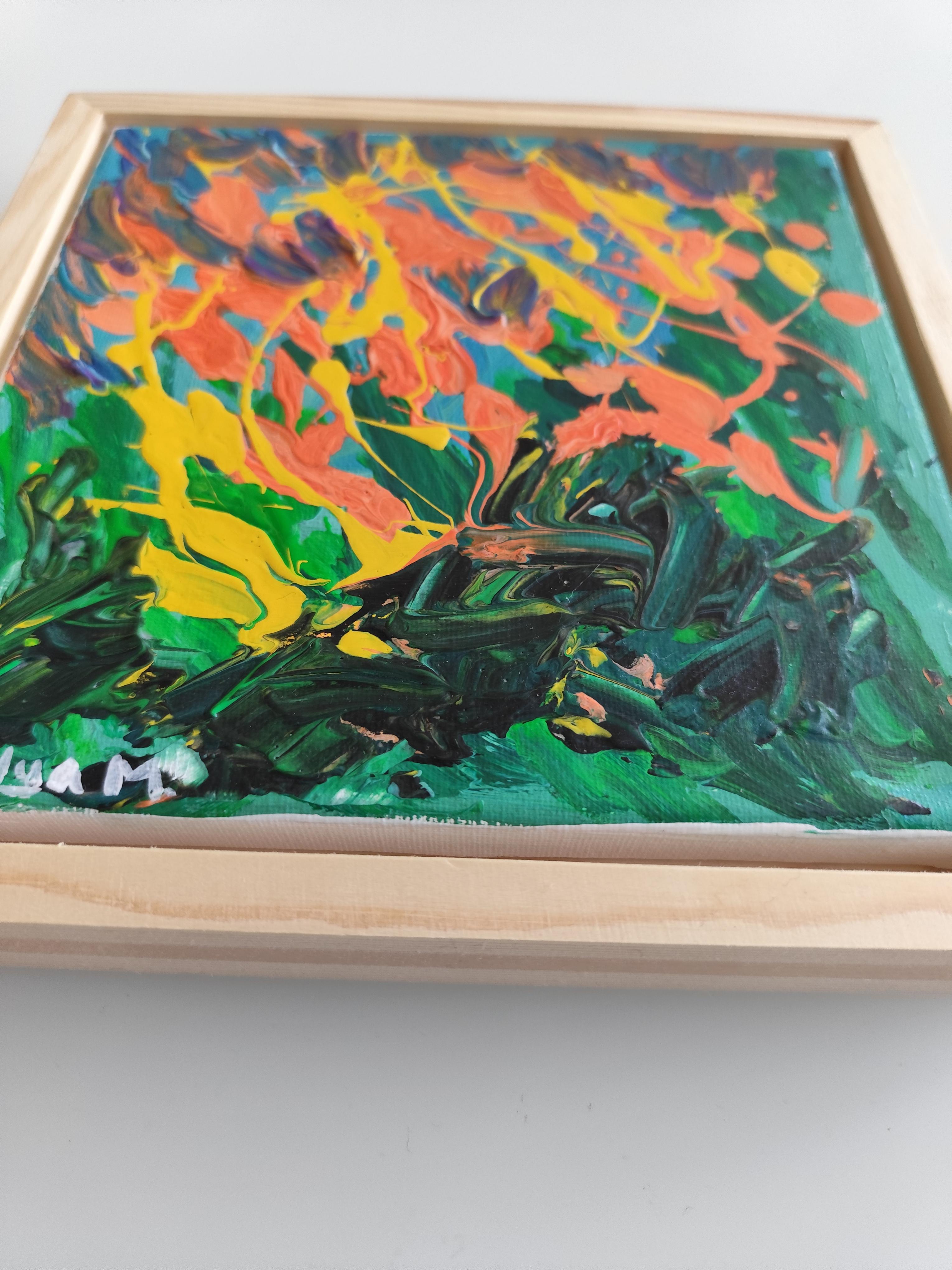 Piccolo quadro astratto espressivo della natura con cornice in legno 