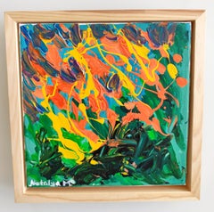 Pequeño cuadro abstracto de naturaleza expresiva con marco de madera "Vibrante esencia de primavera"