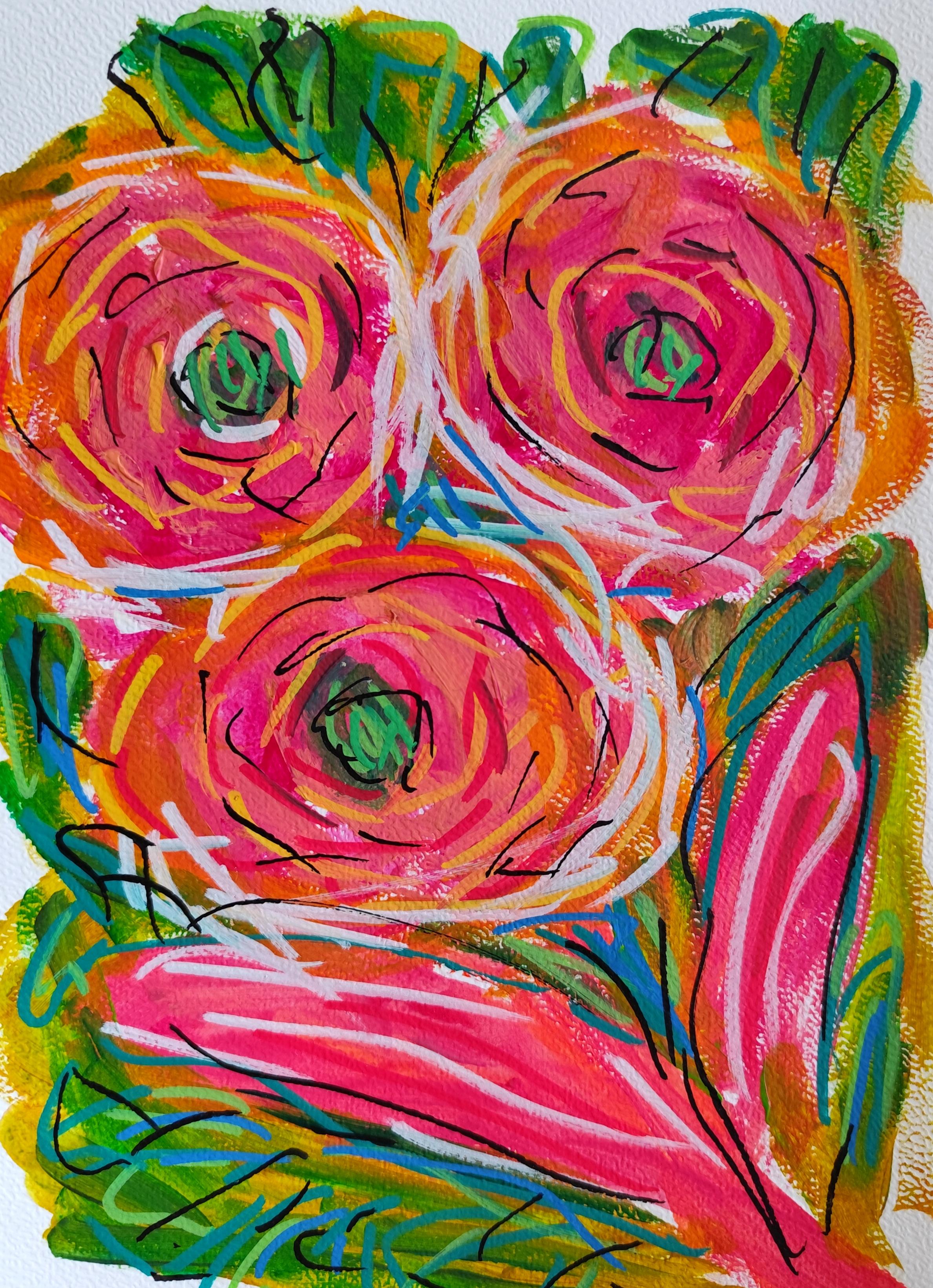 Mougenot Natalya Abstract Painting - Small contemporary abstract vibrant floral painting on paper "Trio Blossom"
