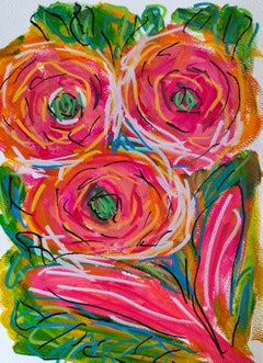 Small contemporary abstract vibrant floral painting on paper "Trio Blossom"