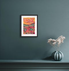 Small contemporary abstract vibrant landscape painting on paper "Nature's glow"