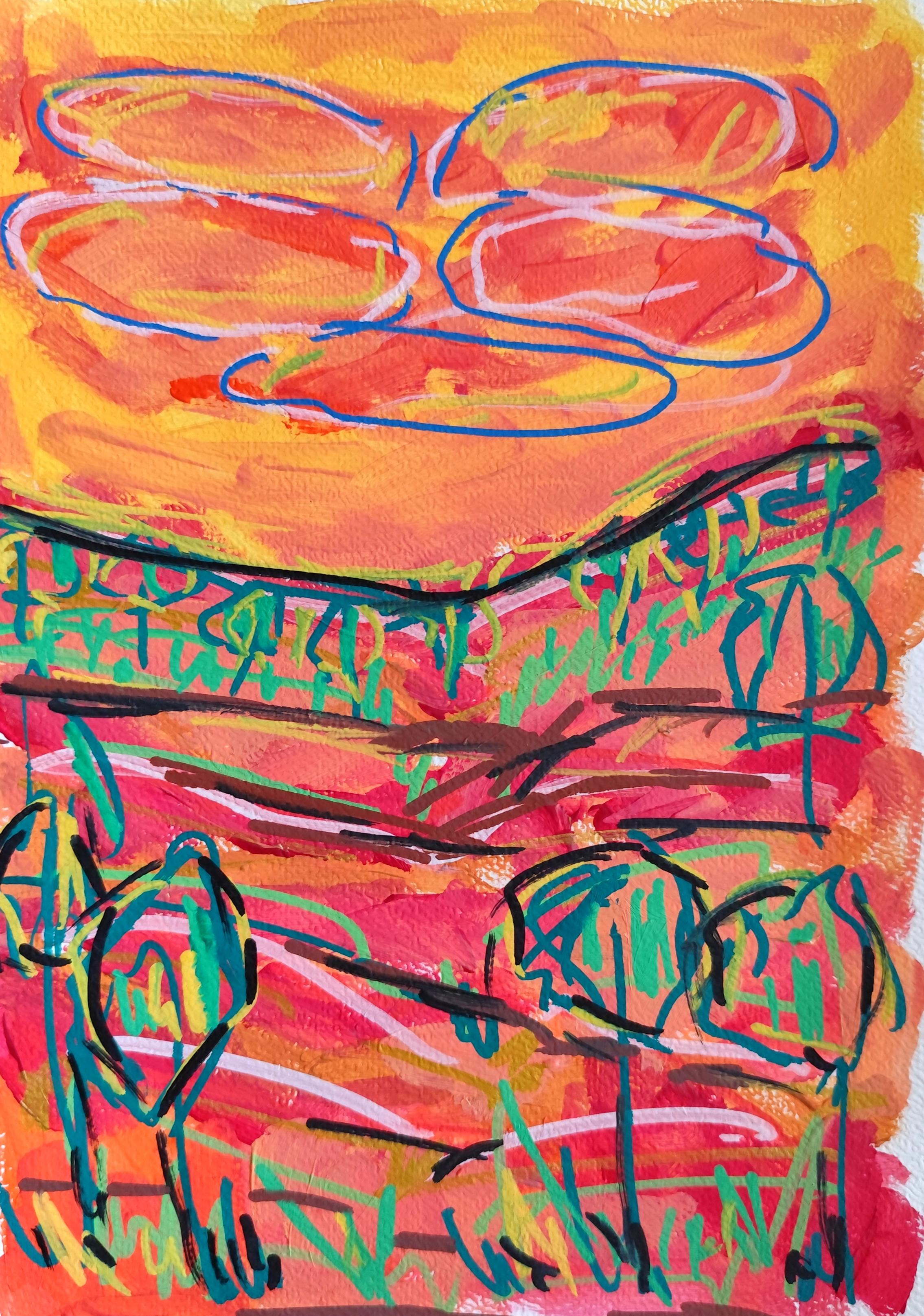 Small contemporary abstract vibrant landscape painting on paper "Nature
s glow"