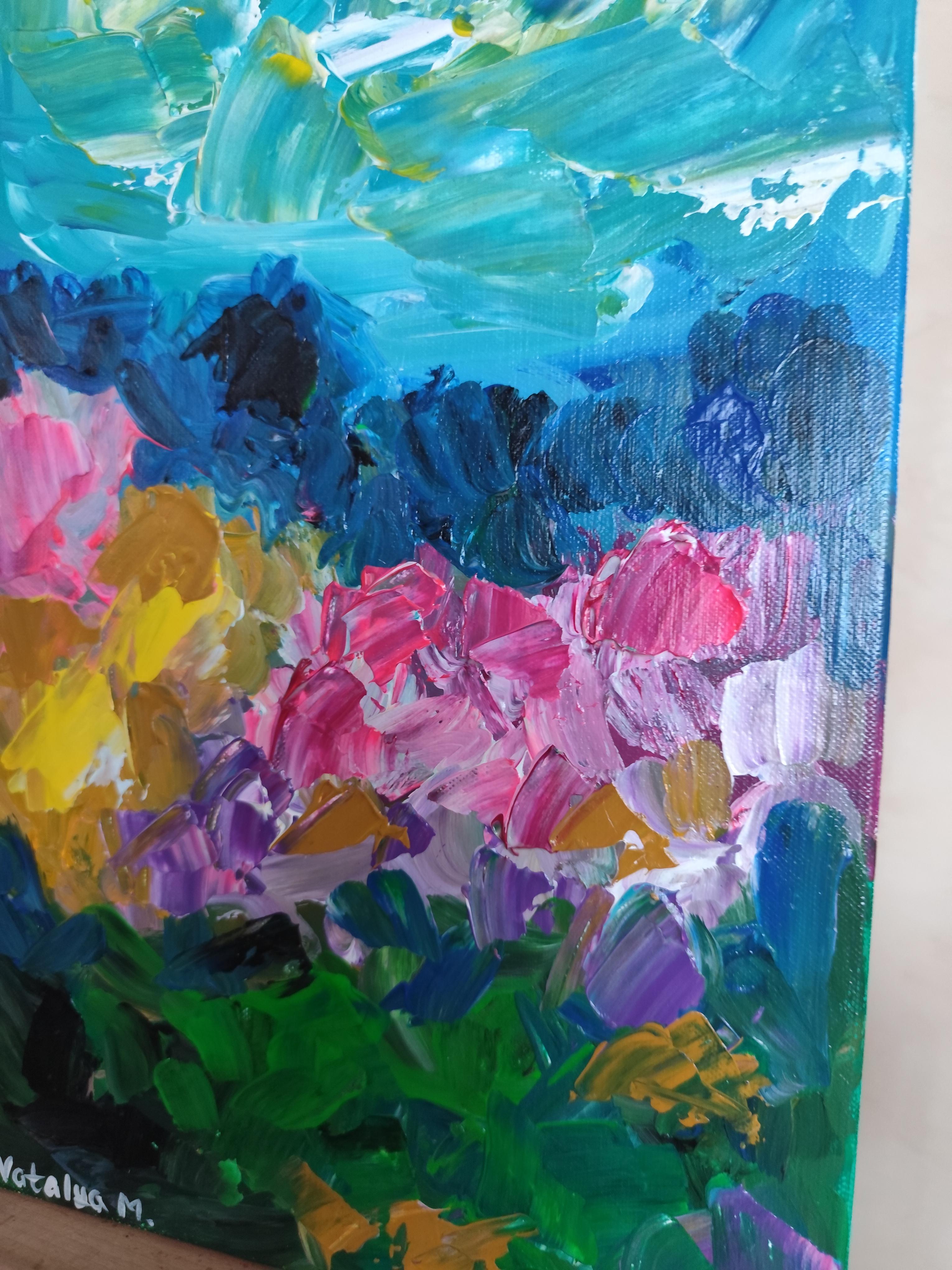 Pintura acrílica abstracta expresiva de naturaleza viva sobre lienzo 