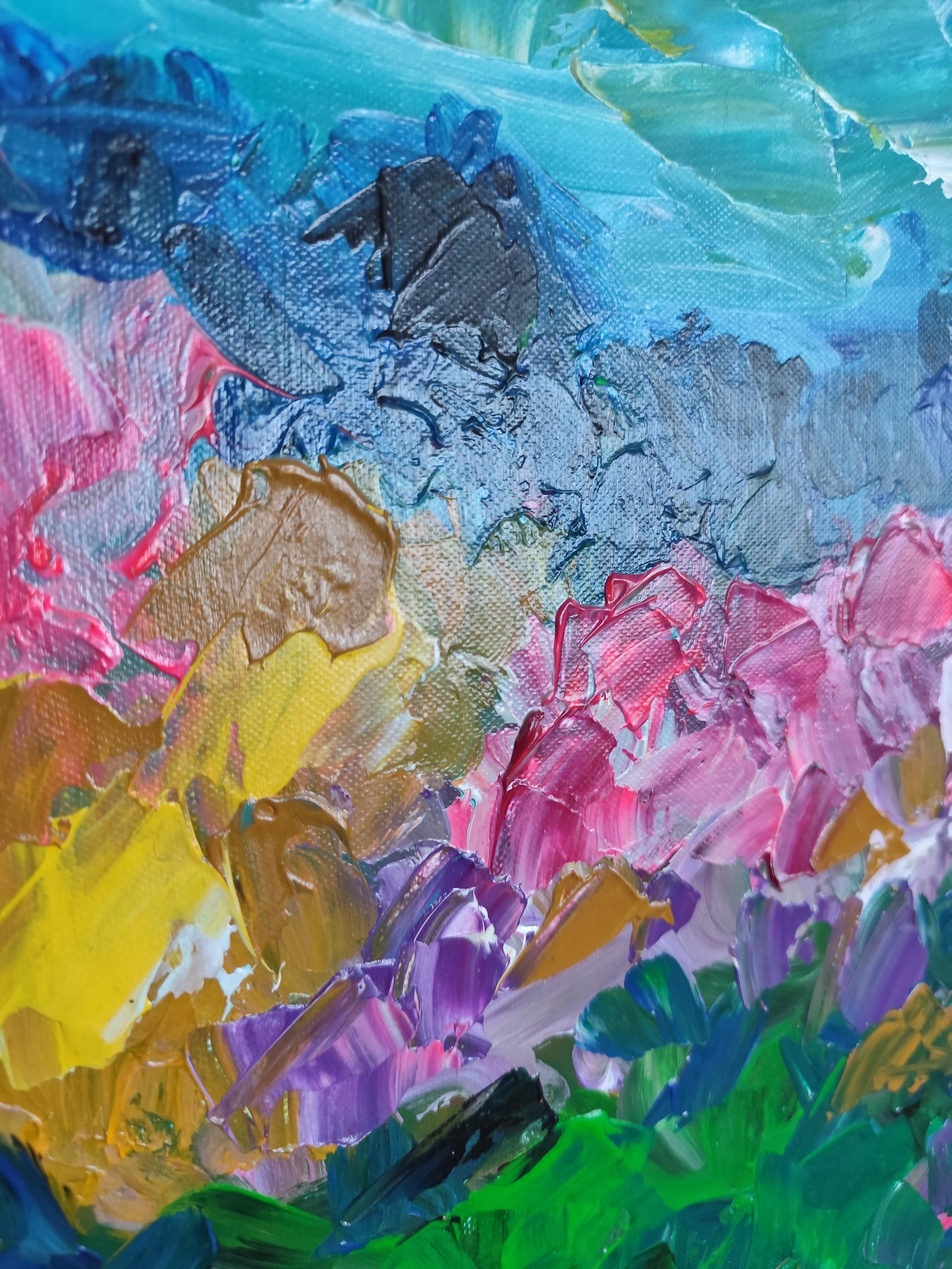 Pintura acrílica abstracta expresiva de naturaleza viva sobre lienzo 