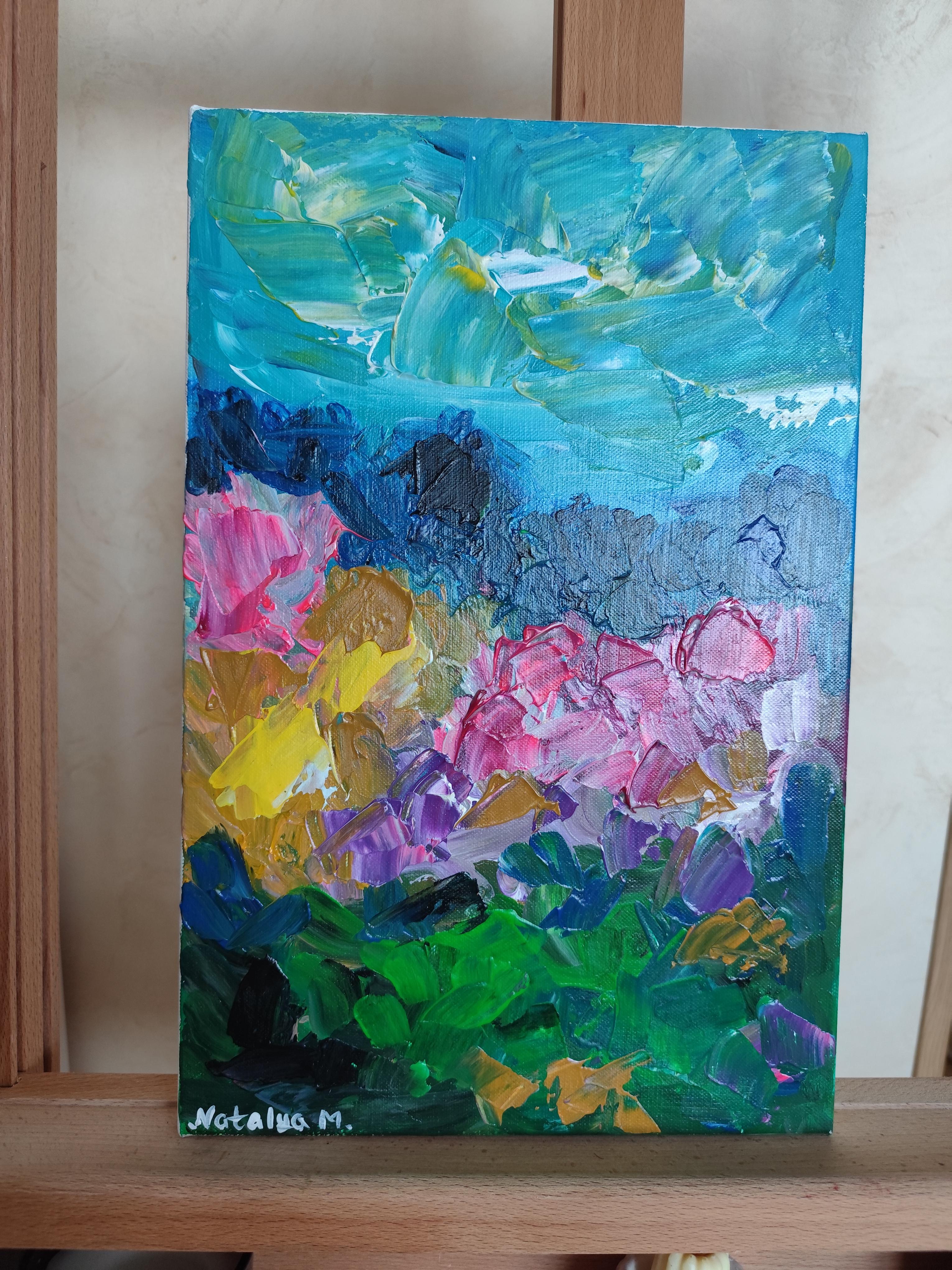 Pintura acrílica abstracta expresiva de naturaleza viva sobre lienzo 