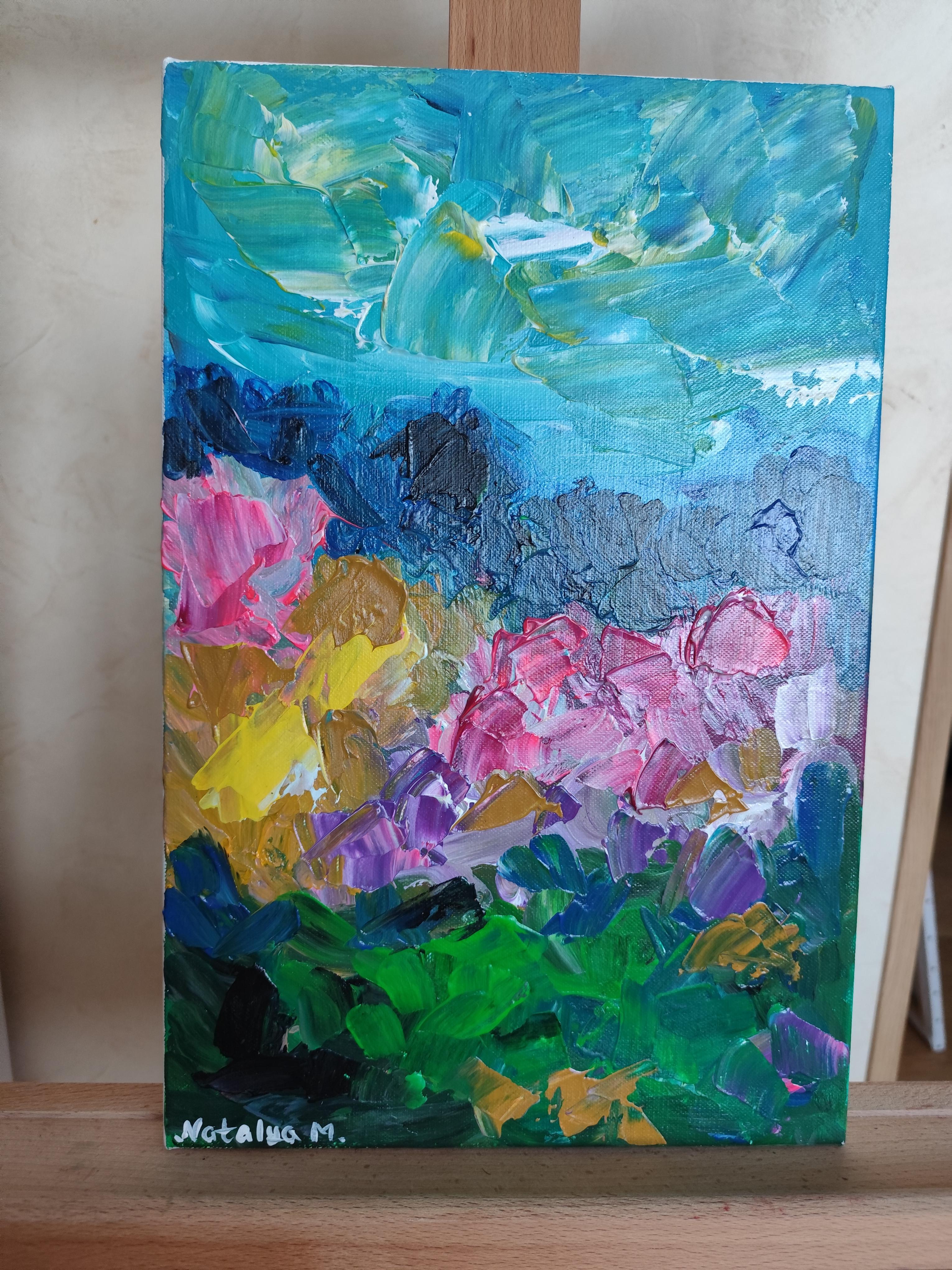 Pintura acrílica abstracta expresiva de naturaleza viva sobre lienzo 