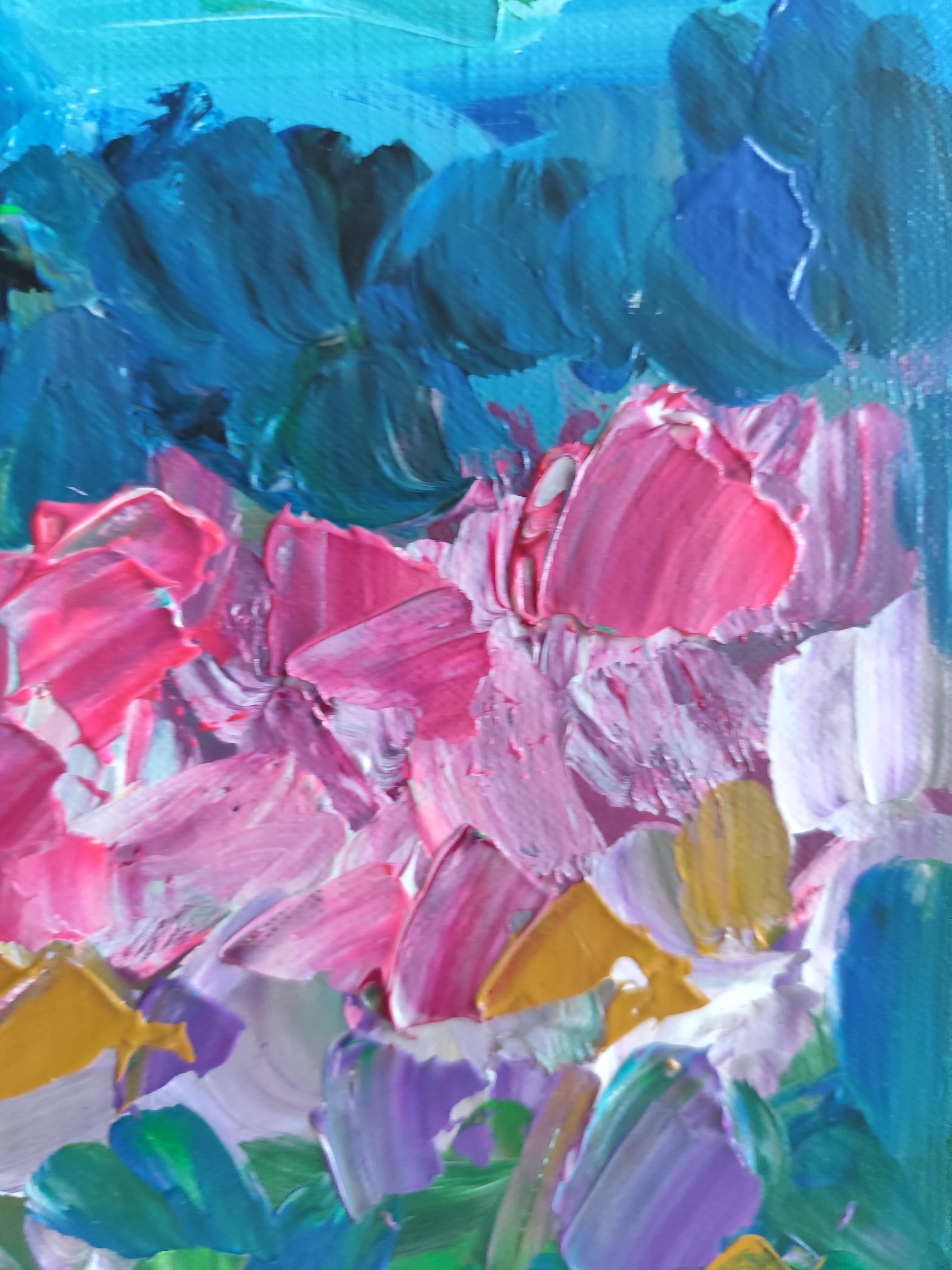 Pintura acrílica abstracta expresiva de naturaleza viva sobre lienzo 