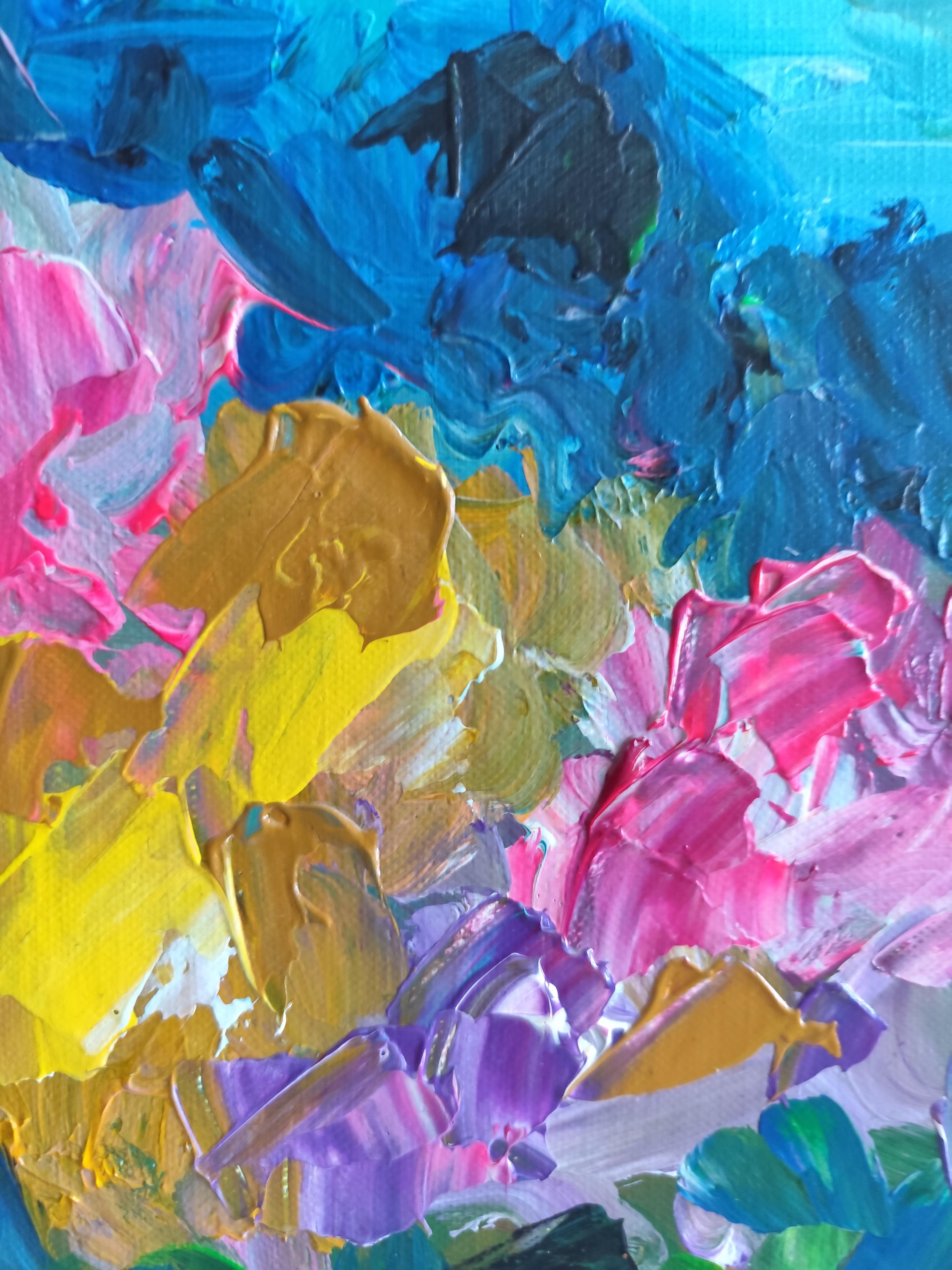 Pintura acrílica abstracta expresiva de naturaleza viva sobre lienzo 