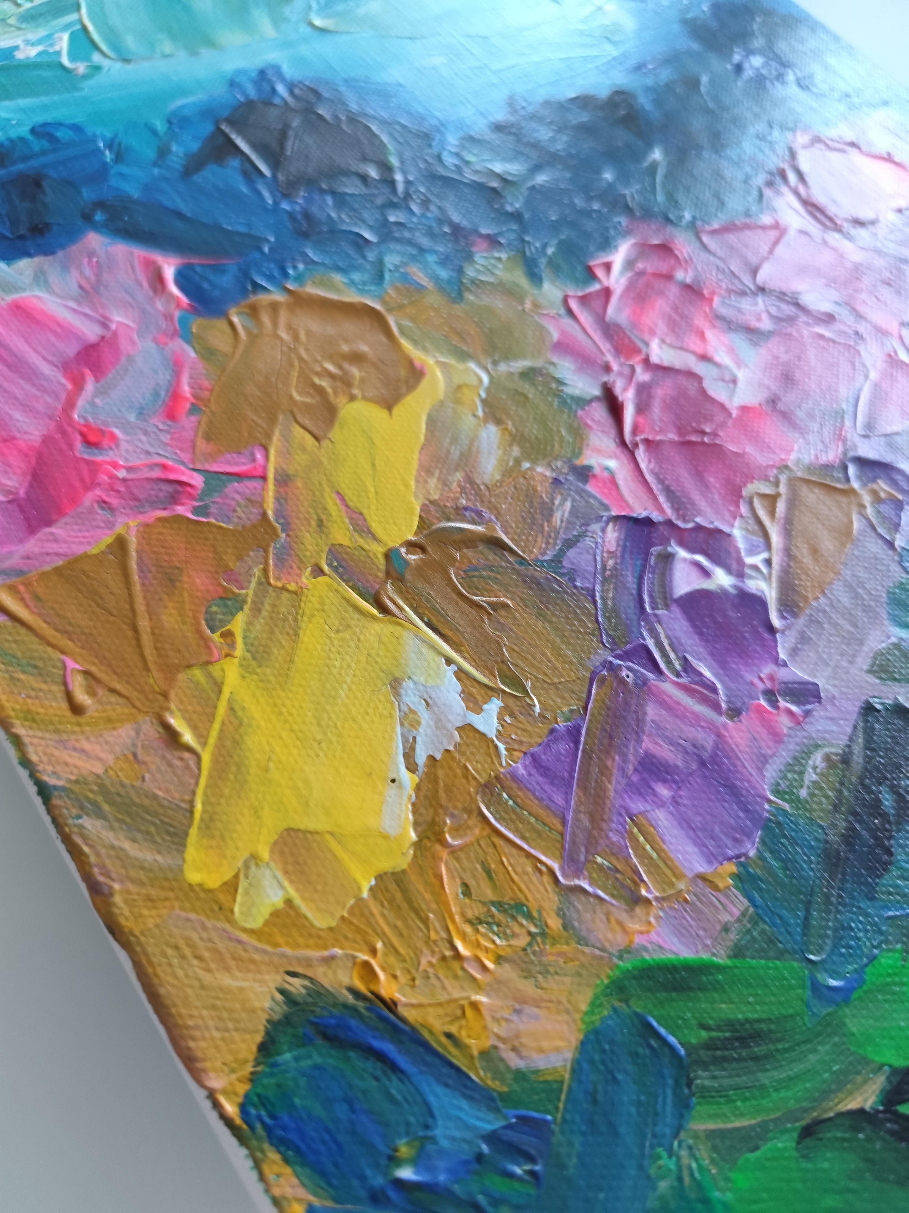 Pintura acrílica abstracta expresiva de naturaleza viva sobre lienzo 