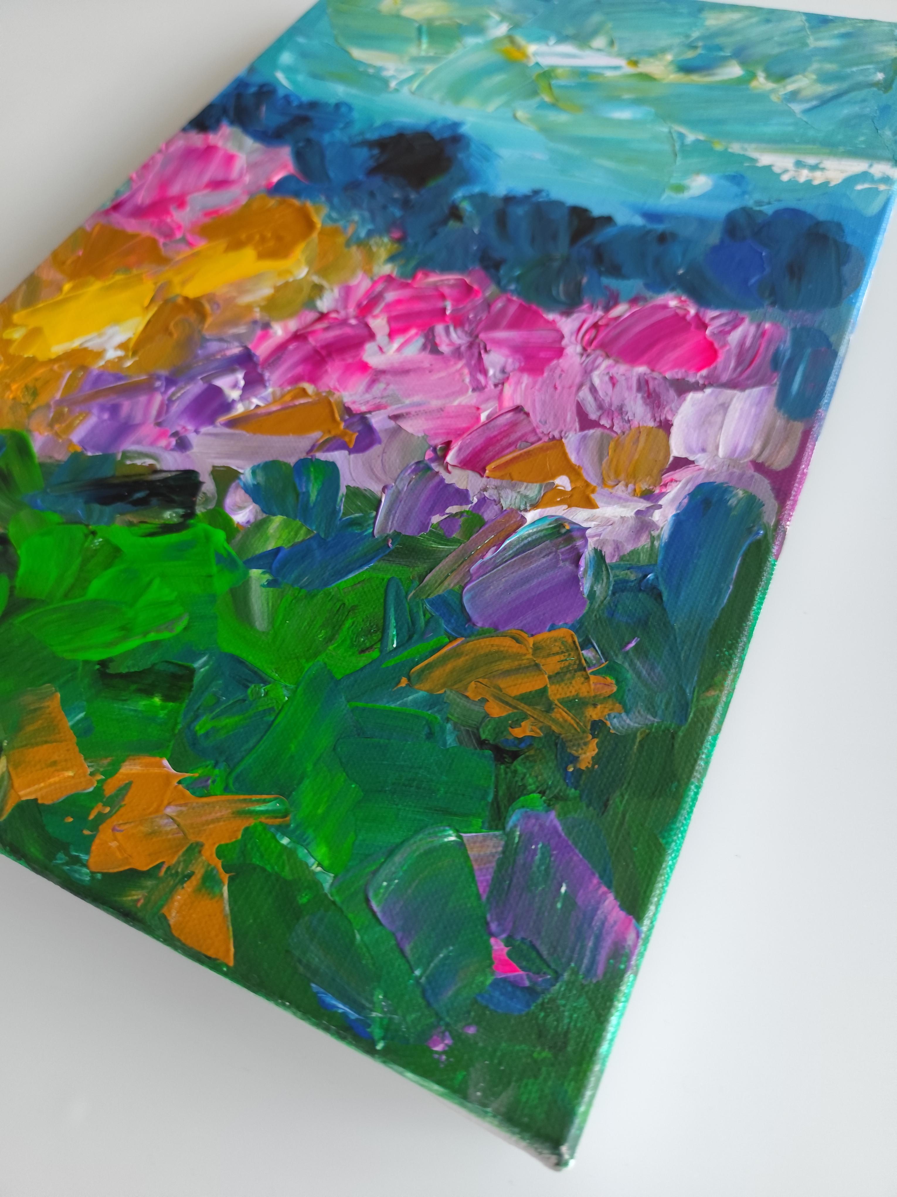 Pintura acrílica abstracta expresiva de naturaleza viva sobre lienzo 