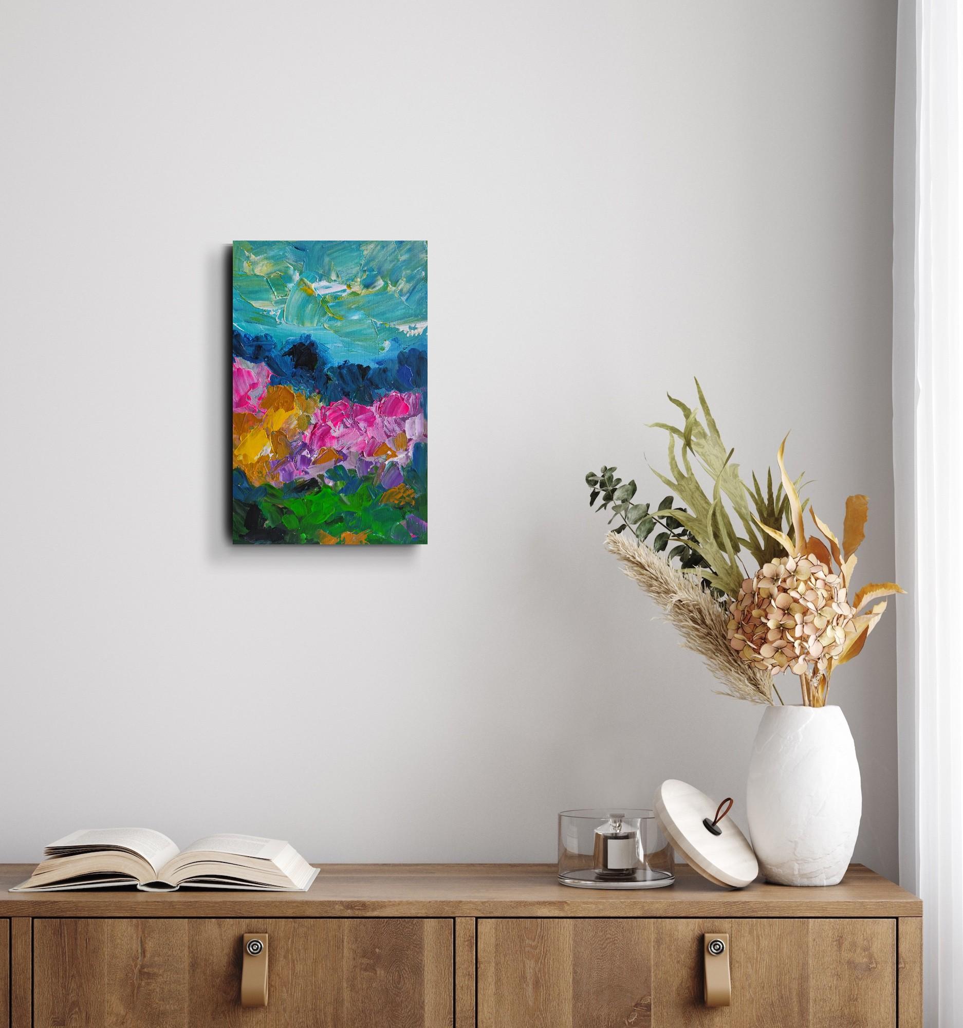 Pintura acrílica abstracta expresiva de naturaleza viva sobre lienzo 