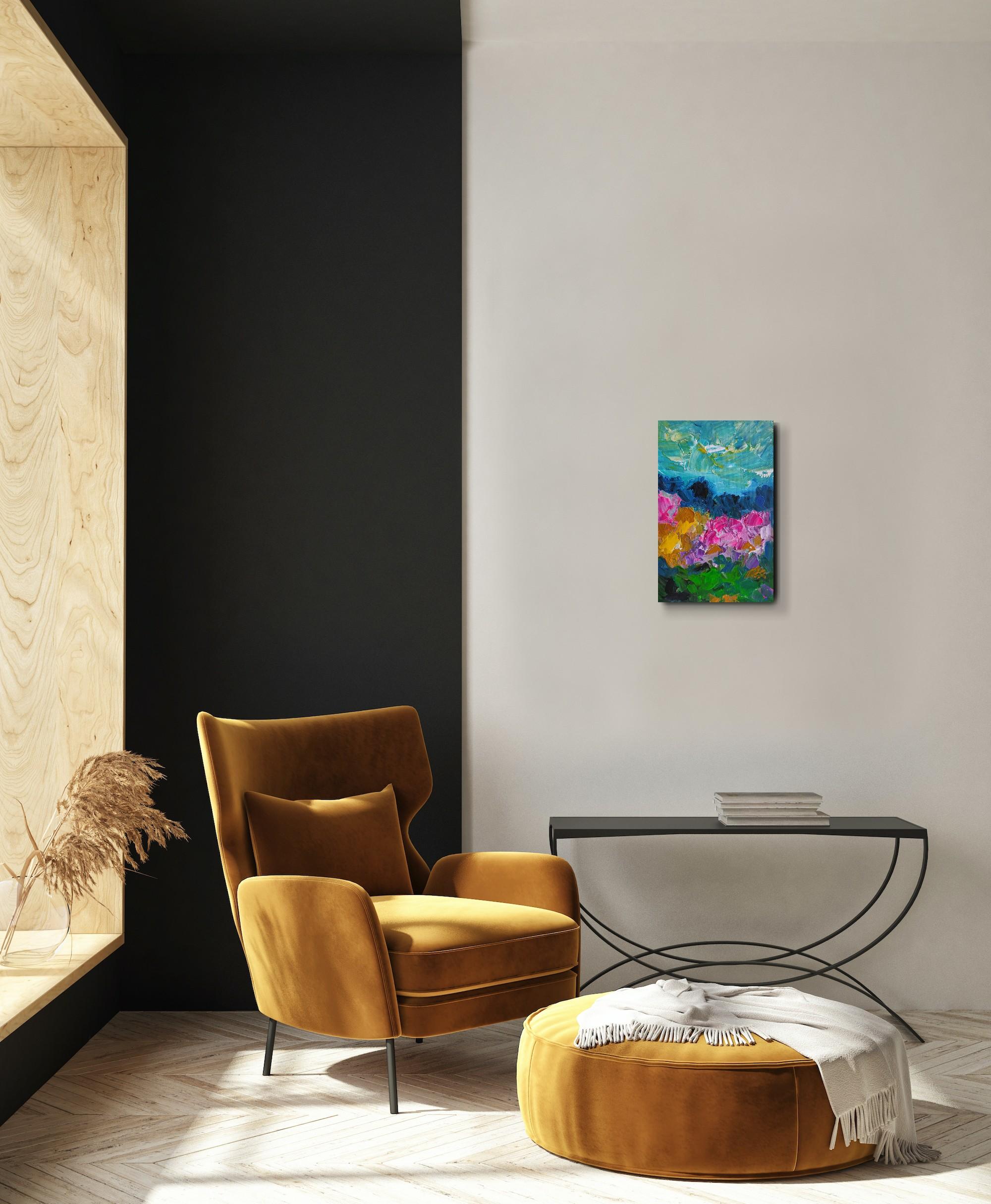 Pintura acrílica abstracta expresiva de naturaleza viva sobre lienzo 