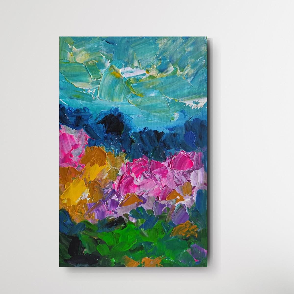 Pintura acrílica abstracta expresiva de naturaleza viva sobre lienzo 