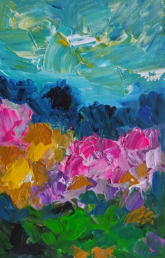 Pintura acrílica abstracta expresiva de naturaleza viva sobre lienzo "Primavera suave"