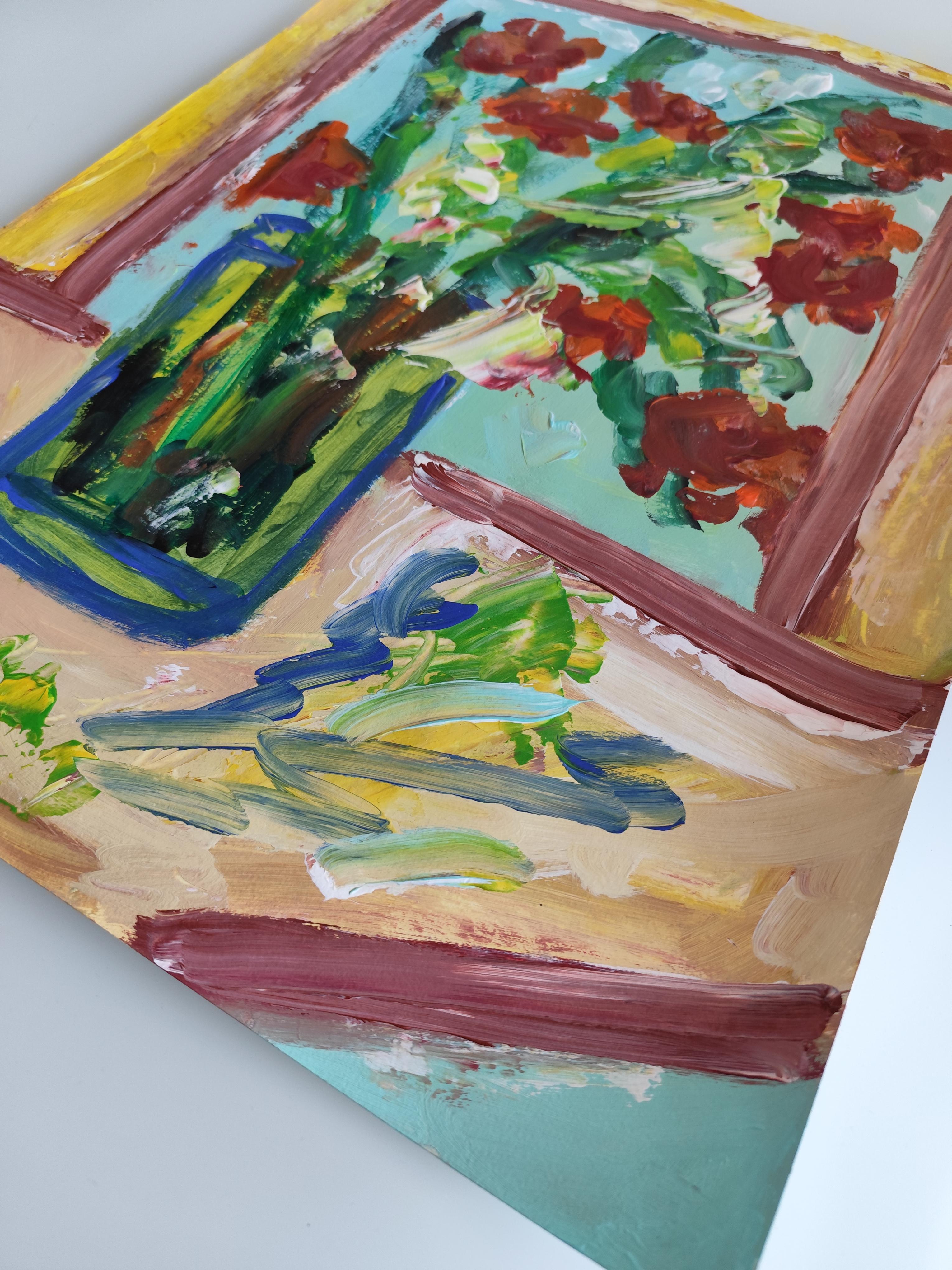 Composizione di natura morta contemporanea di fiori in vaso acrilico su carta in vendita 6