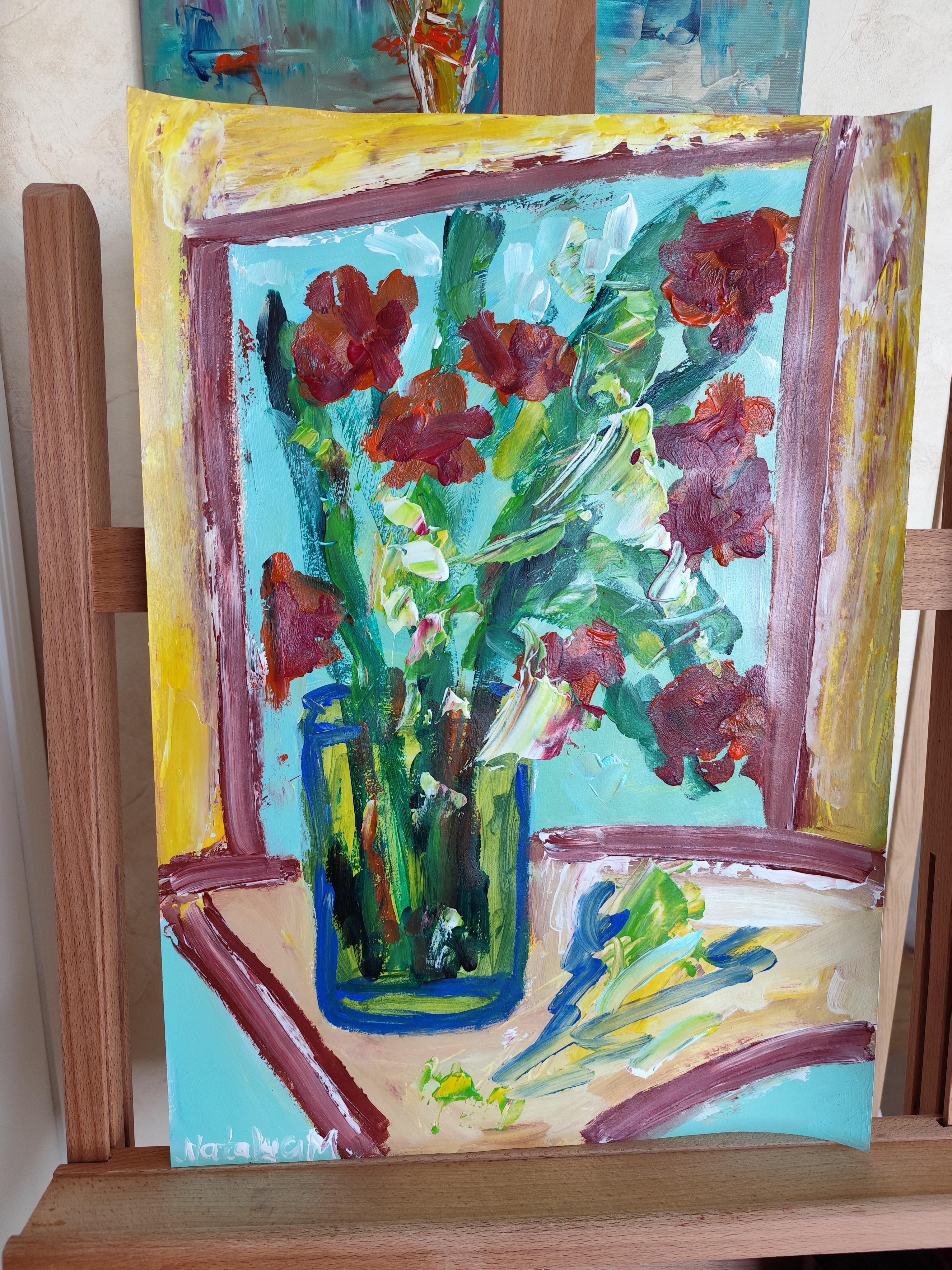 Composizione di natura morta contemporanea di fiori in vaso acrilico su carta in vendita 7