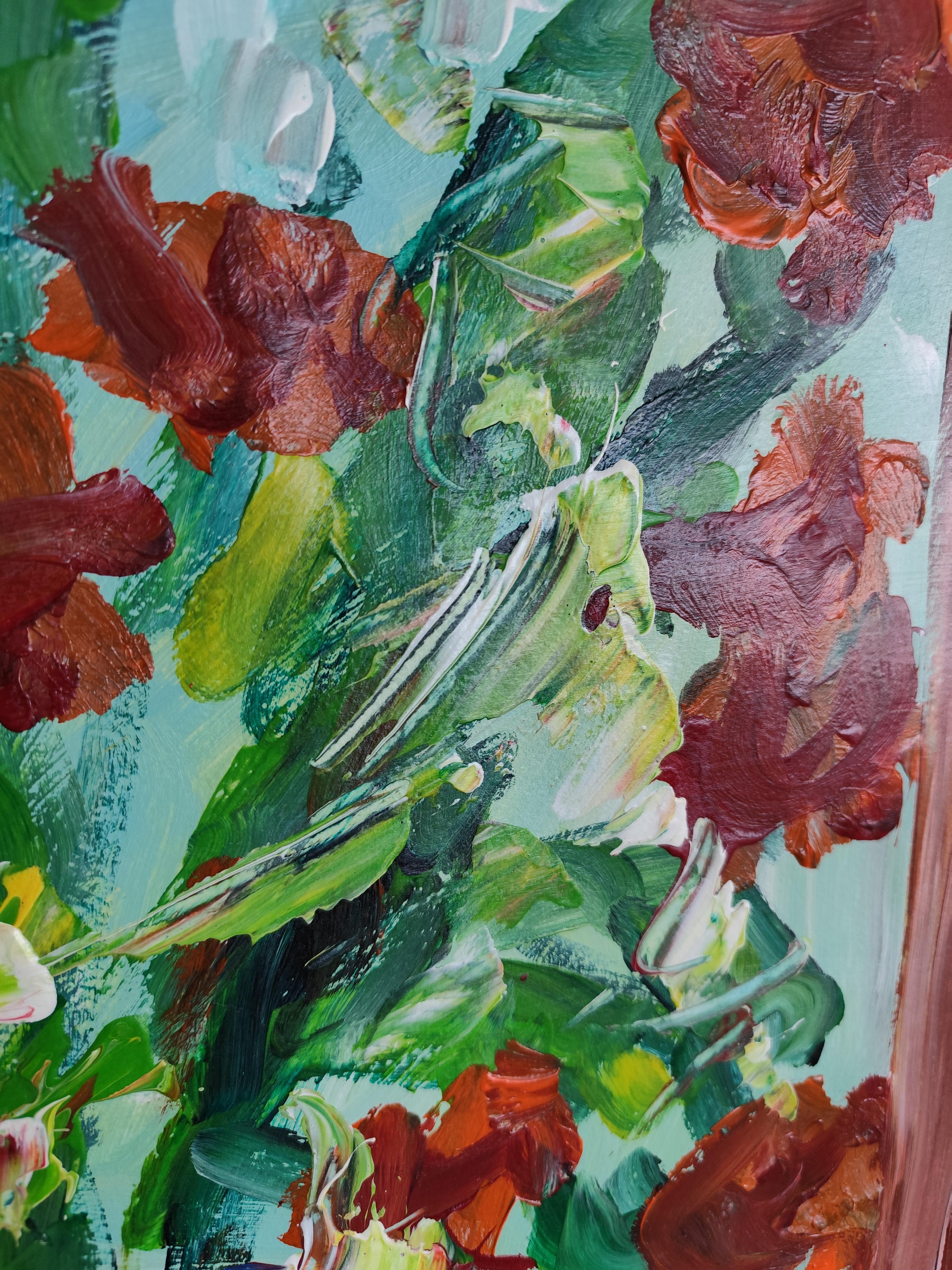 Composizione di natura morta contemporanea di fiori in vaso acrilico su carta in vendita 10