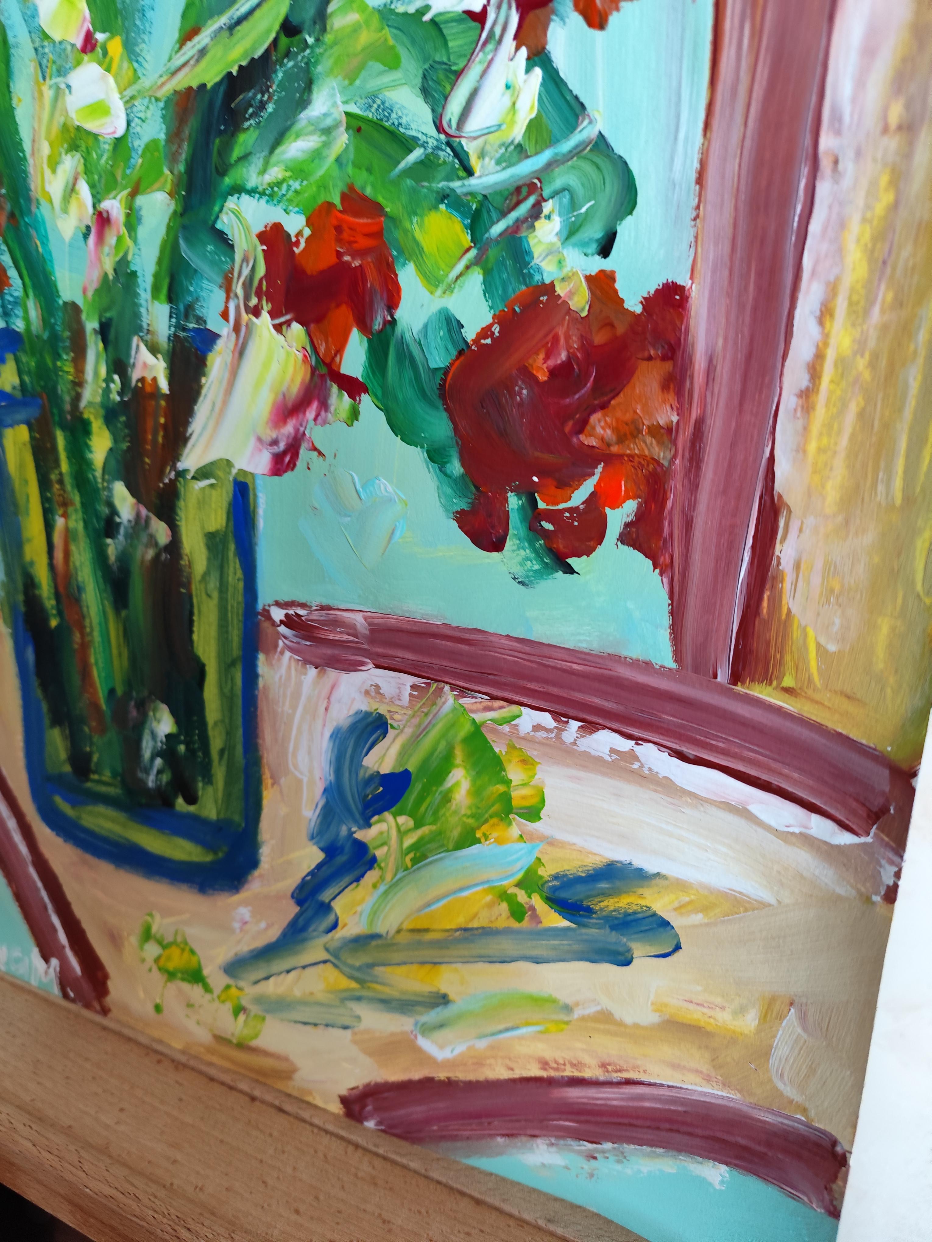 Composizione di natura morta contemporanea di fiori in vaso acrilico su carta in vendita 11