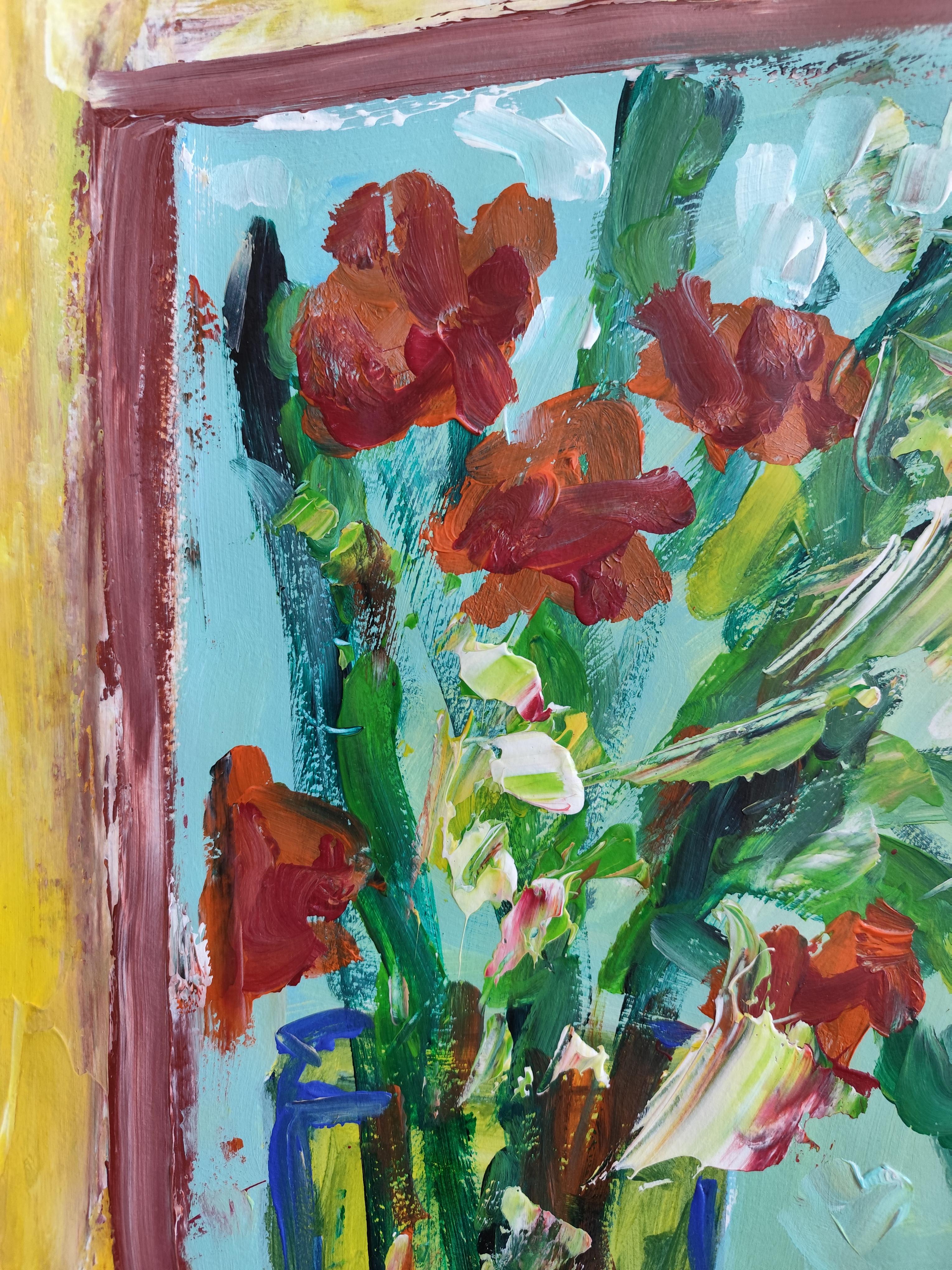 Composizione di natura morta contemporanea di fiori in vaso acrilico su carta in vendita 13