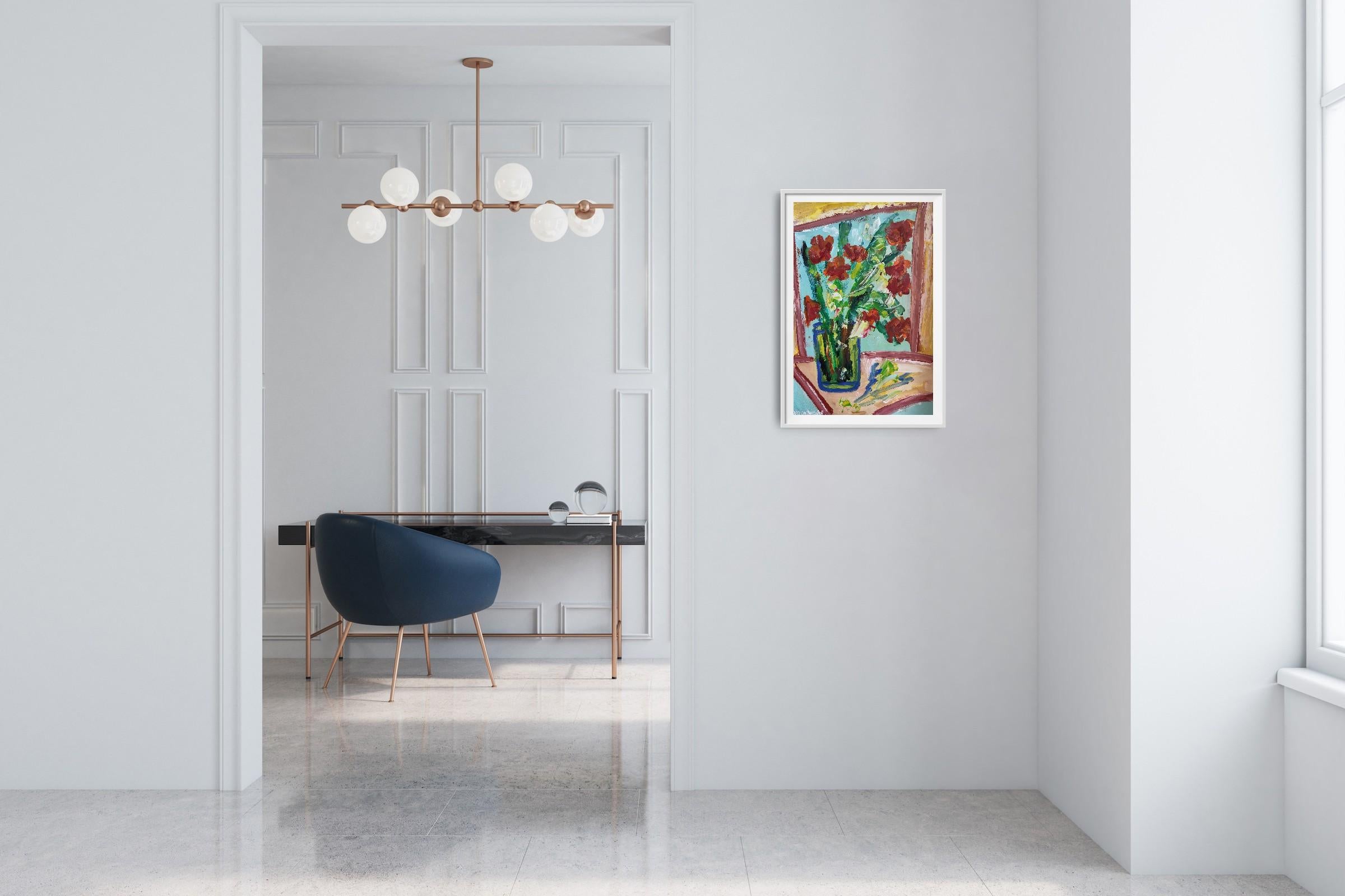 Composizione di natura morta contemporanea di fiori in vaso acrilico su carta - Painting Contemporaneo di Mougenot Natalya