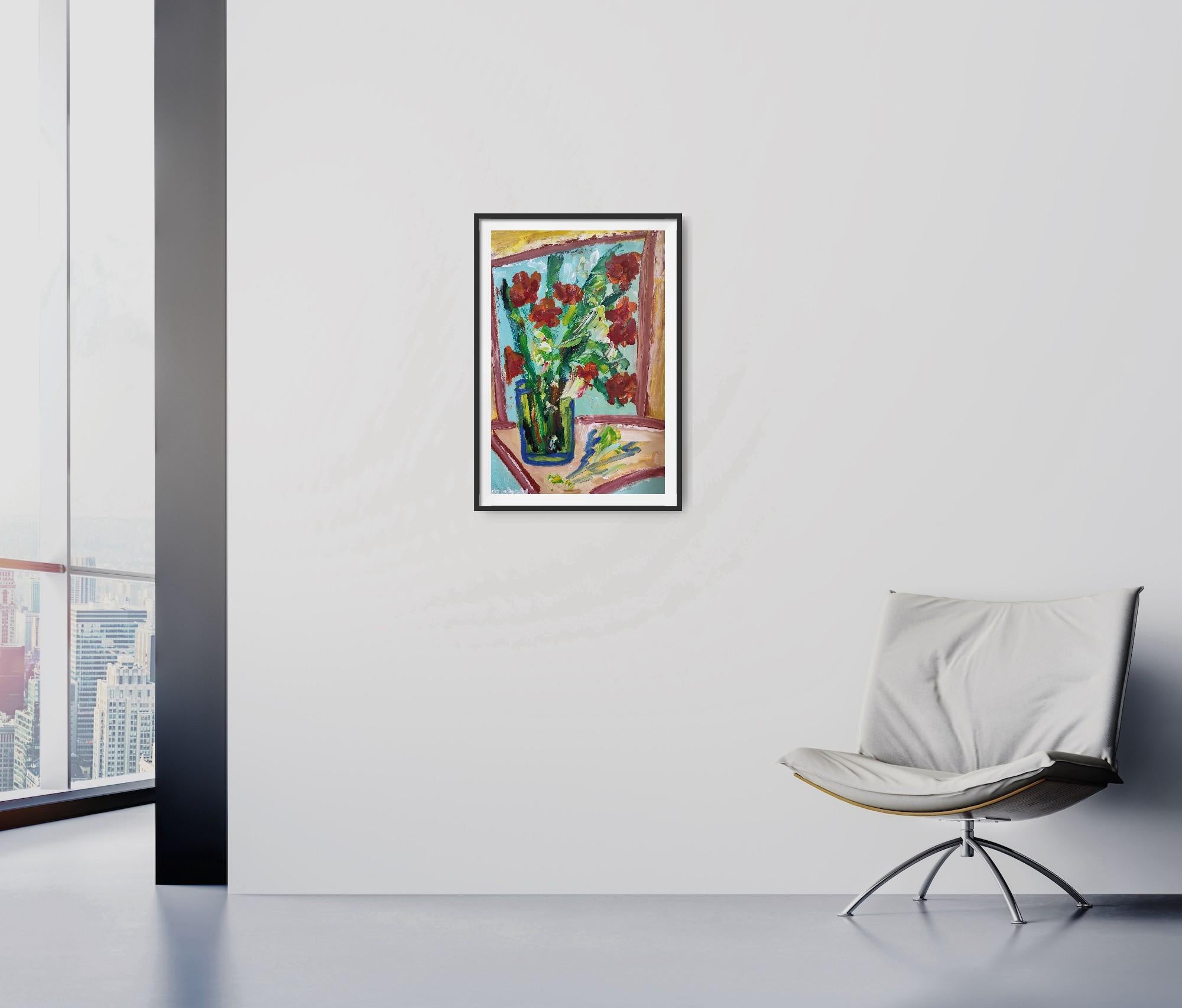 Composizione di natura morta contemporanea di fiori in vaso acrilico su carta - Still-Life Painting Marrone di Mougenot Natalya