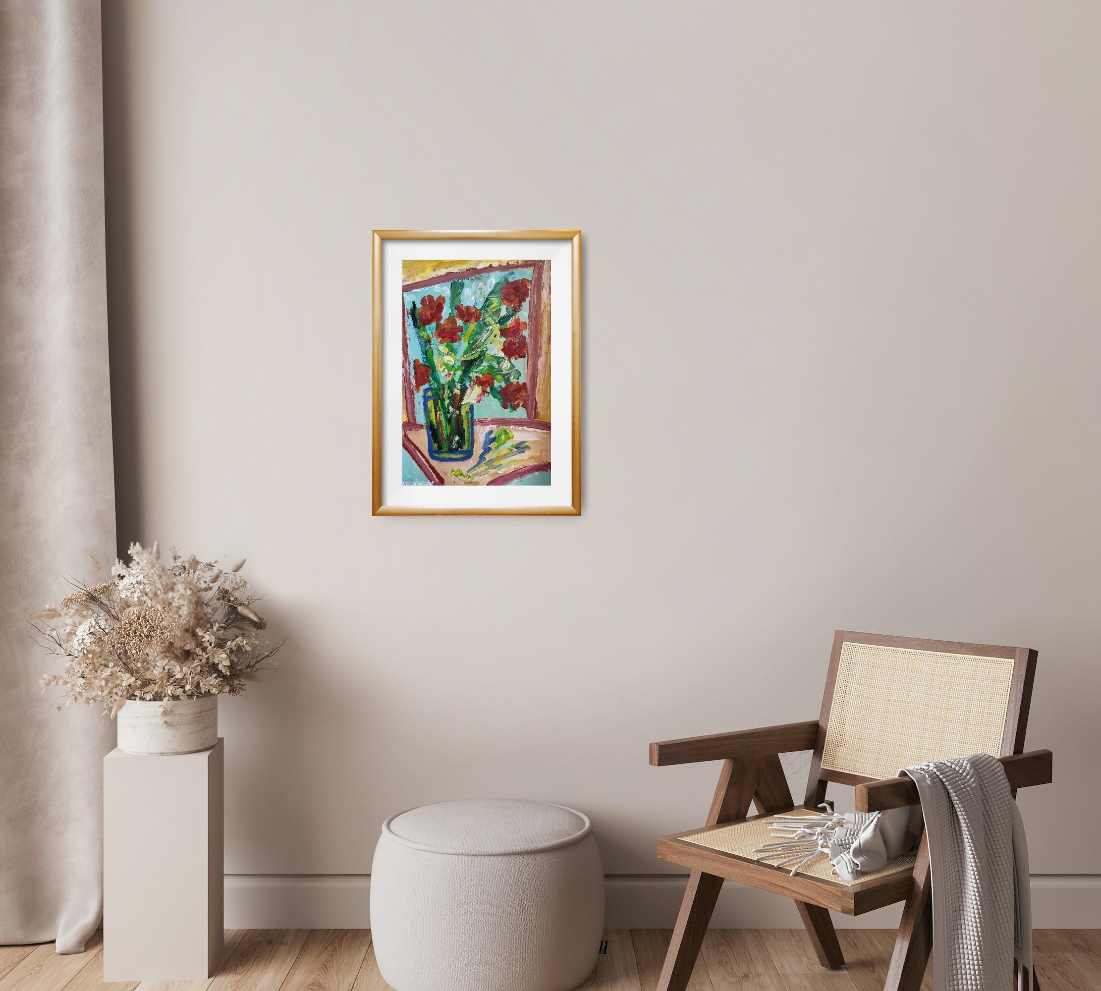 Composizione di natura morta contemporanea di fiori in vaso acrilico su carta in vendita 1