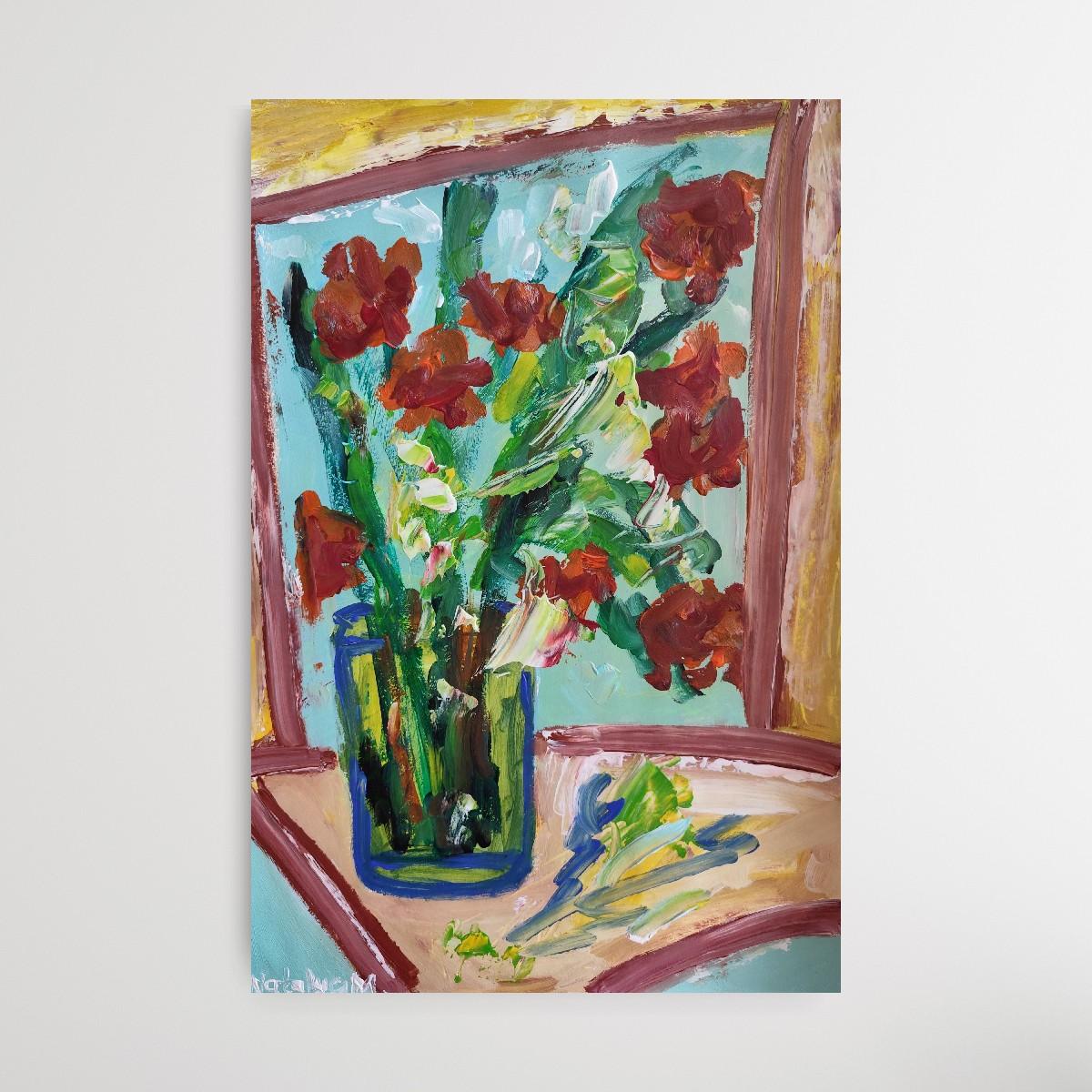 Composizione di natura morta contemporanea di fiori in vaso acrilico su carta in vendita 3