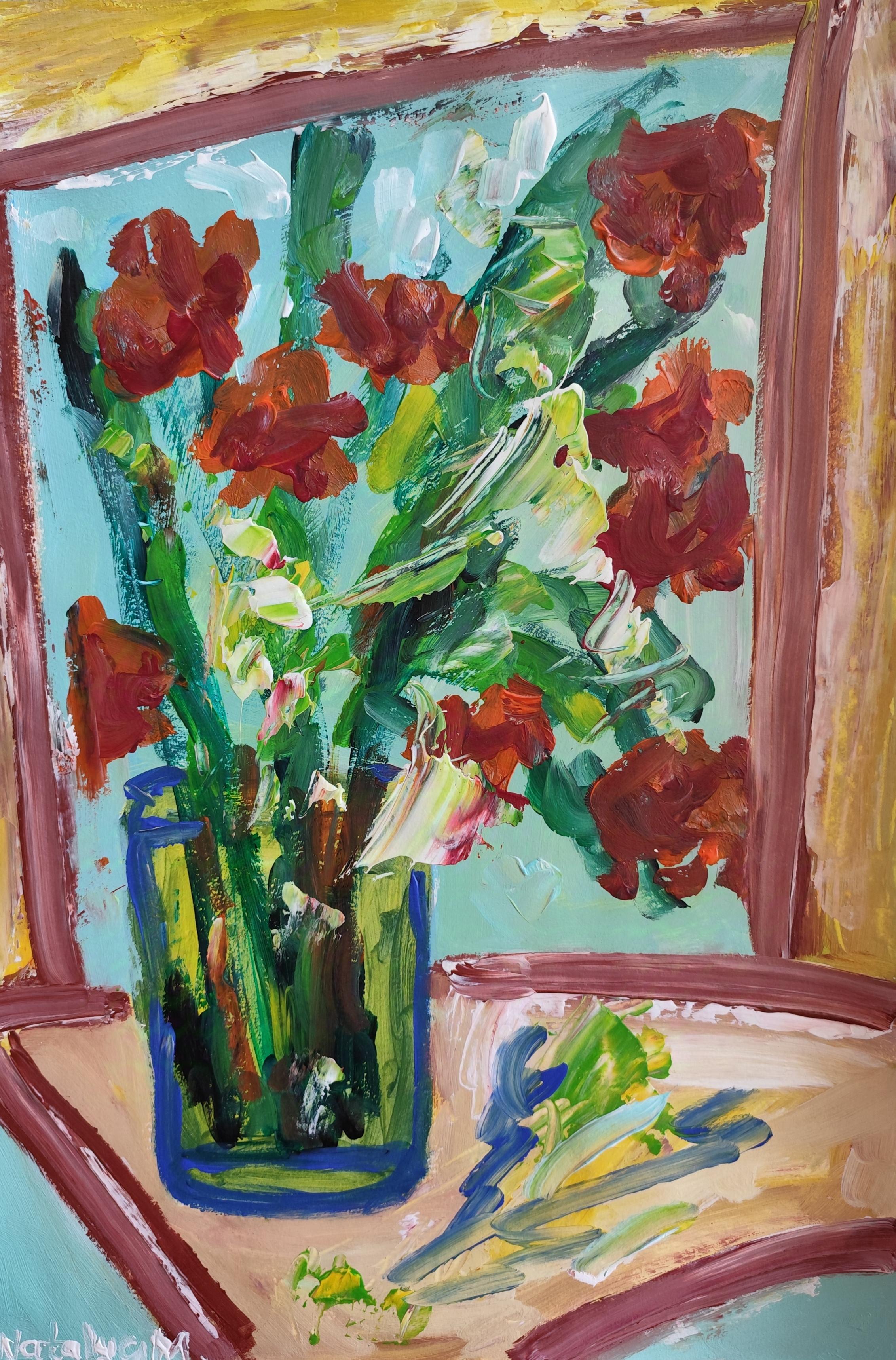 Composizione di natura morta contemporanea di fiori in vaso acrilico su carta in vendita 4