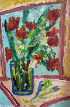 Nature morte contemporaine de fleurs dans un vase acrylique sur papier