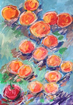 Exprepressive Acrylgemälde von Früchten „Sommerpfirsichen und ein roter Apfel“