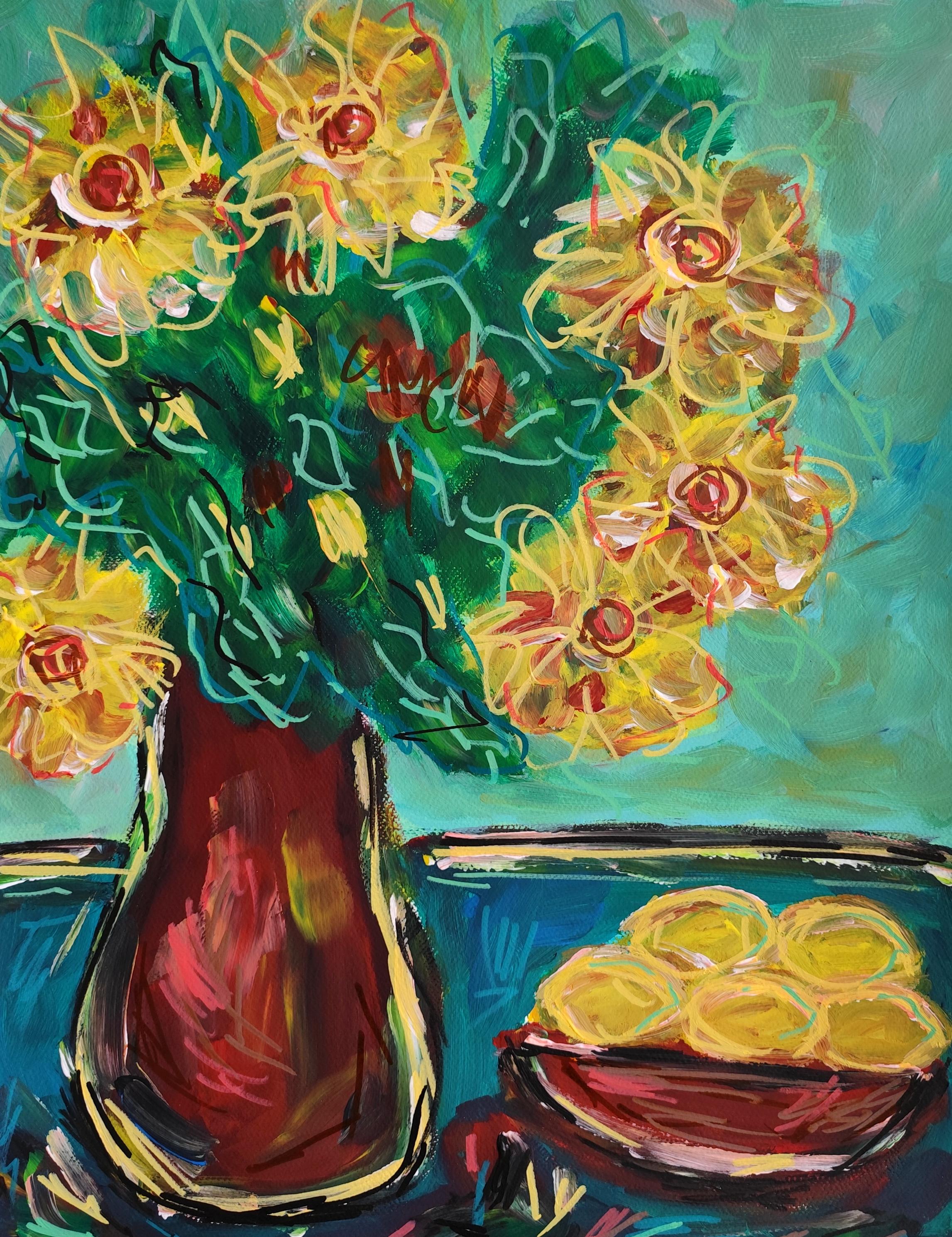 "Sonnenblumenfreude" Zeitgenössisches abstraktes impressionistisches Blumenstillleben