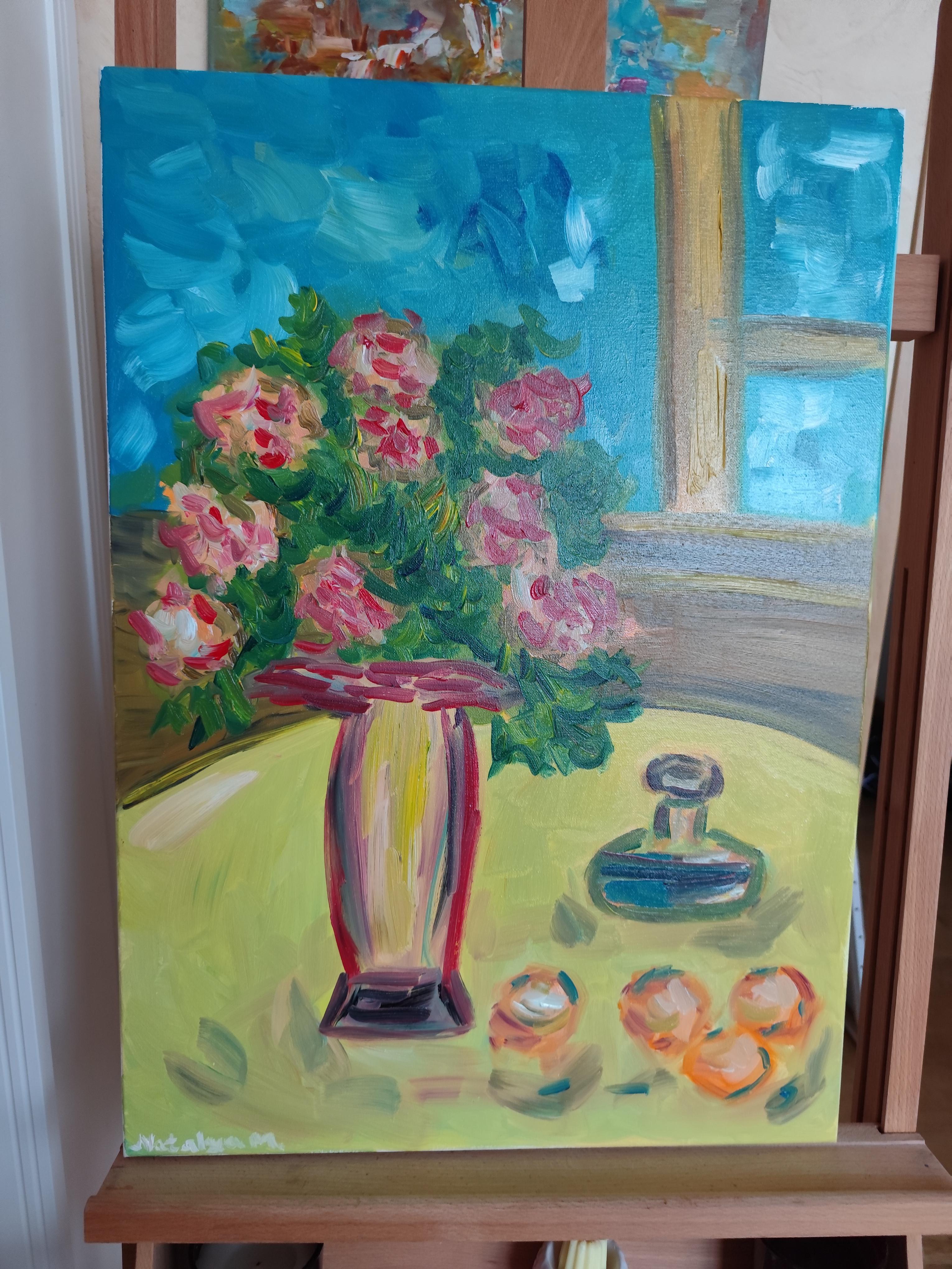 Bodegón floral impresionista Pintura al óleo sobre lienzo Soleado 