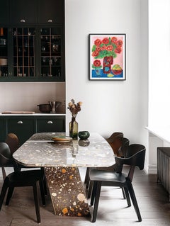 "Table in bloom" Contemporary abstract figurative still life painting on paper