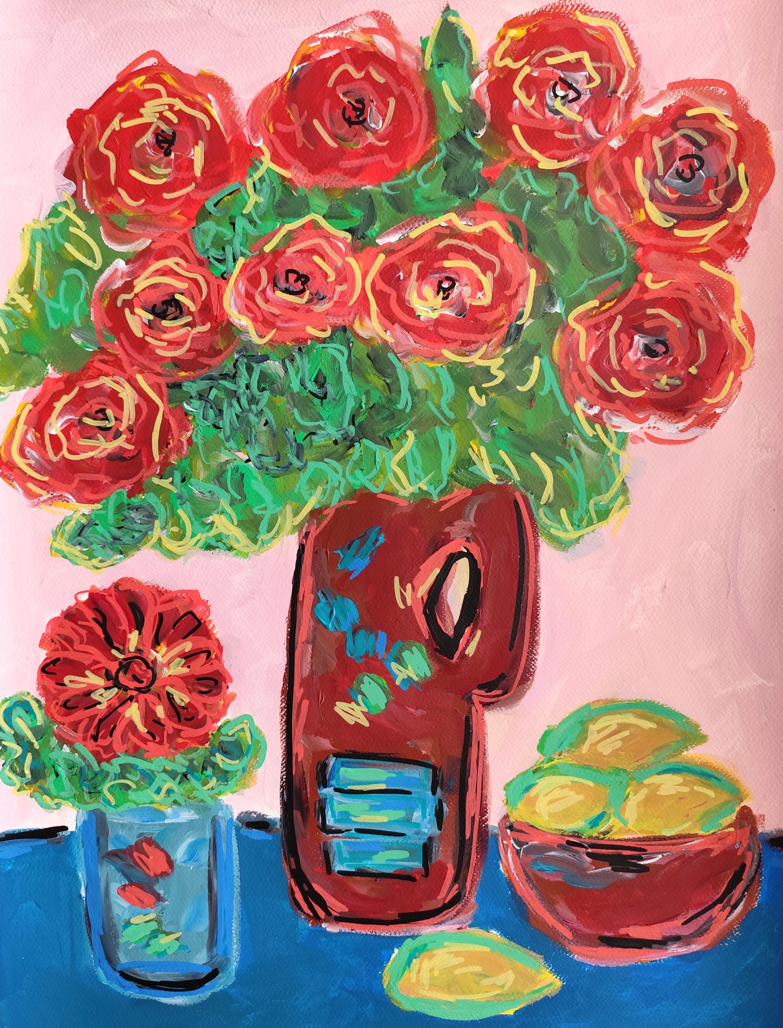 Mougenot Natalya Still-Life Painting - "Table in bloom" Contemporary abstract figurative still life painting on paper