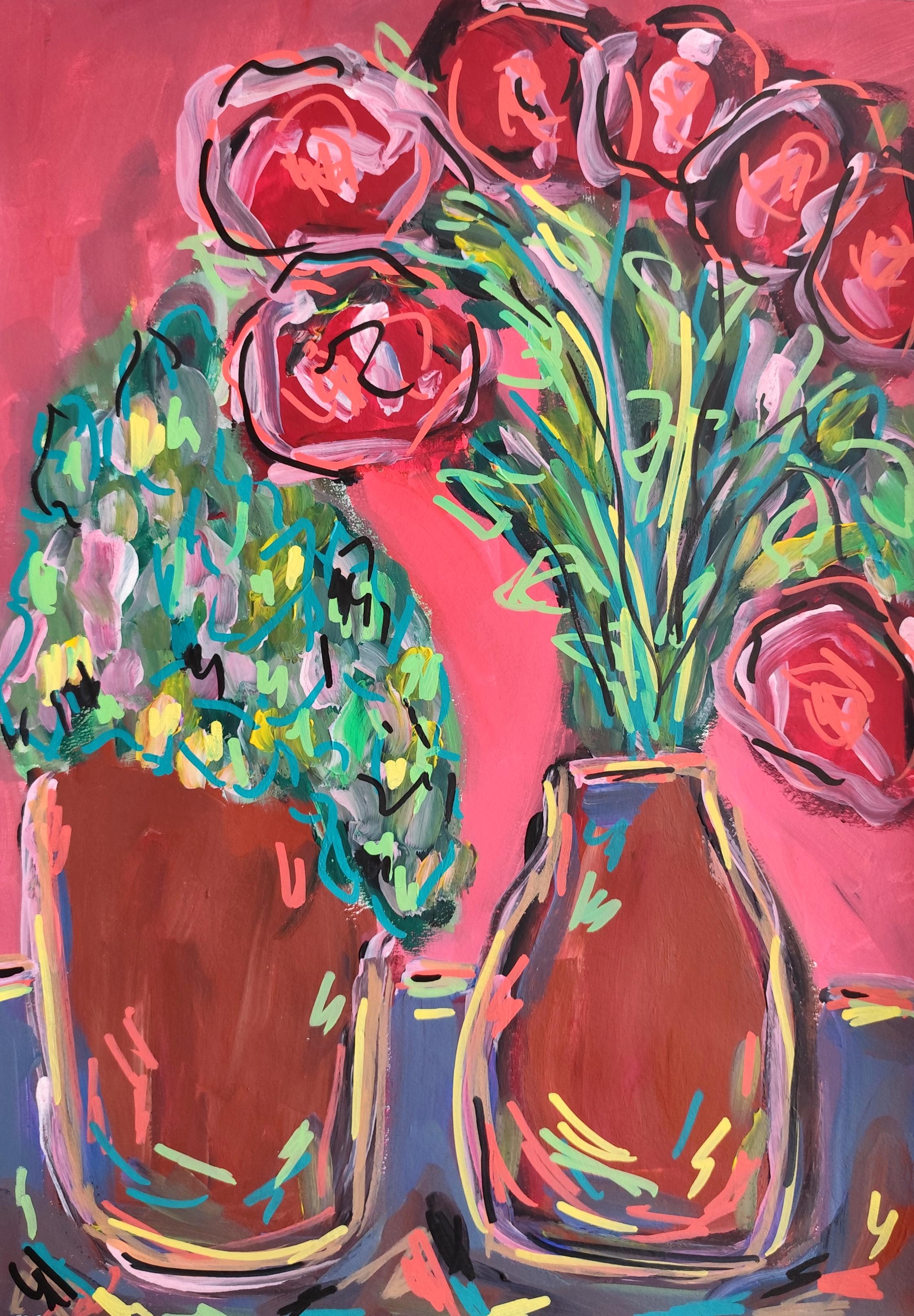 "Table in rosy shadow " Contemporary Expressionism still life floral painting