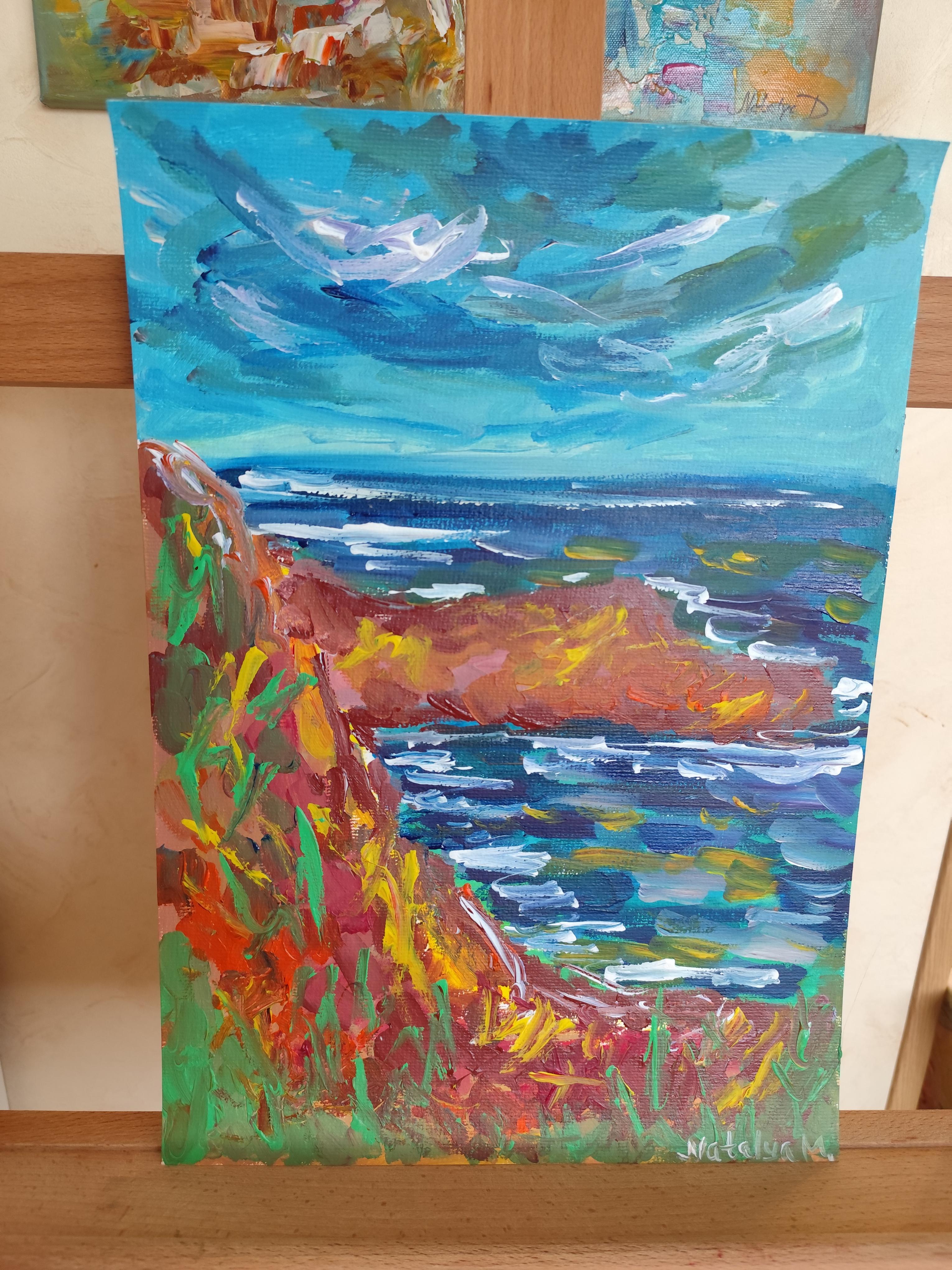 Pintura acrílica sobre papel abstracta impresionista expresiva naturaleza costa costa en venta 9