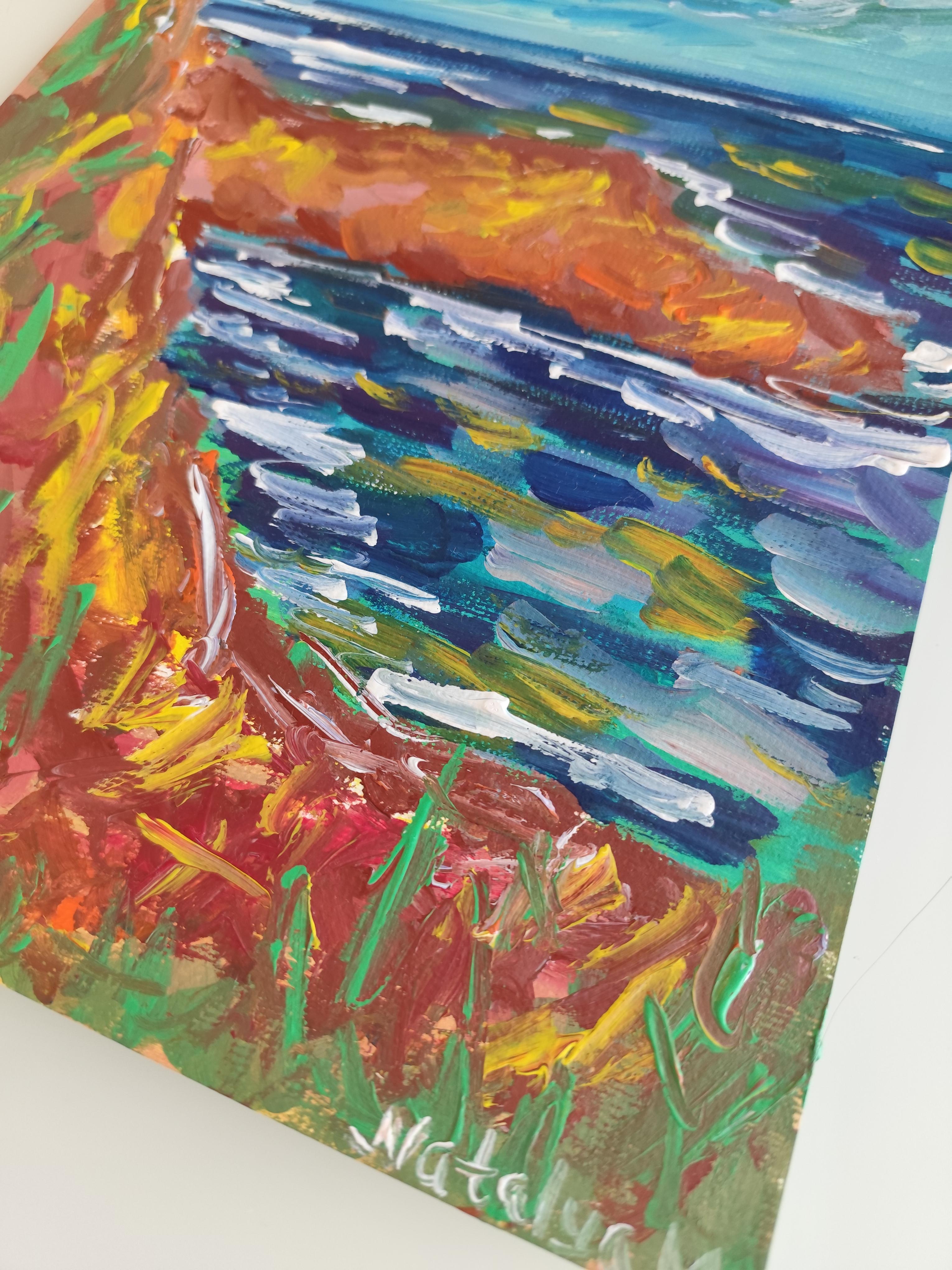Pintura acrílica sobre papel abstracta impresionista expresiva naturaleza costa costa en venta 4