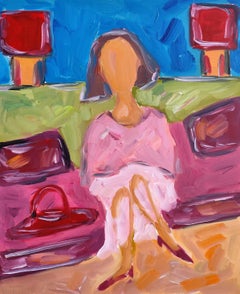"Tenera attesa" - Dipinto figurativo contemporaneo raffigurante una donna, olio su tela