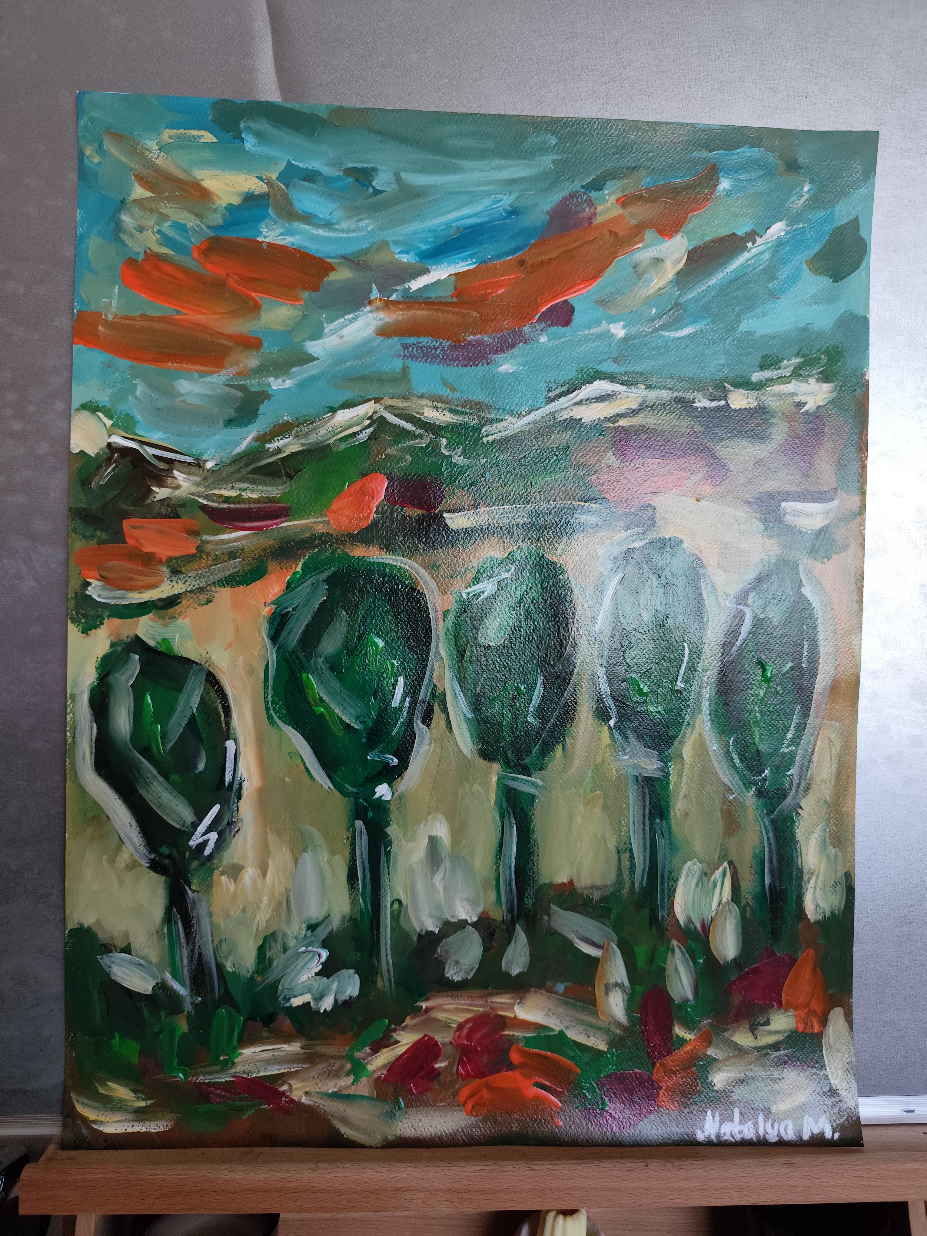 Paesaggio astratto impressionista dipinto in acrilico su carta 