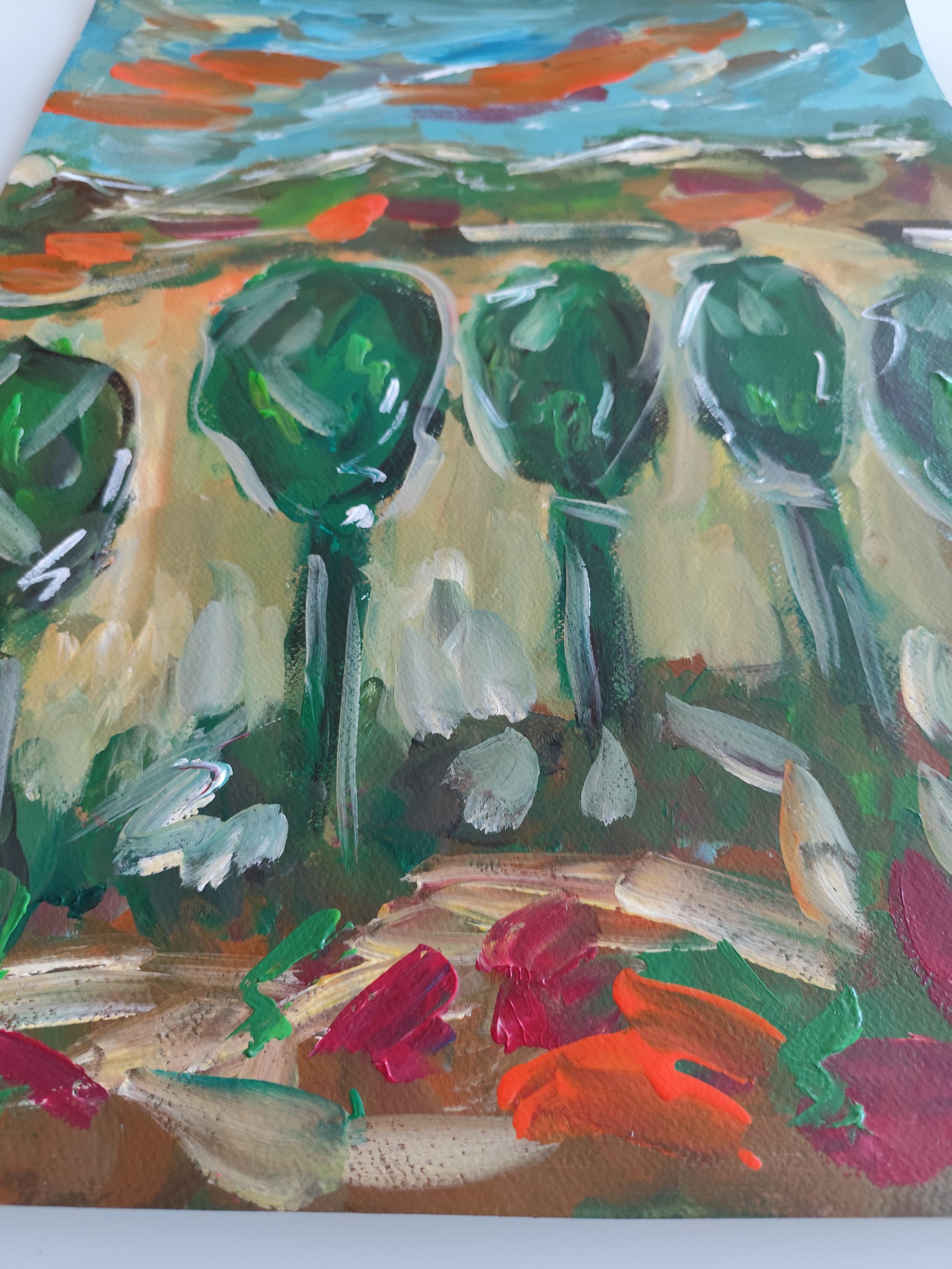Paesaggio astratto impressionista dipinto in acrilico su carta 