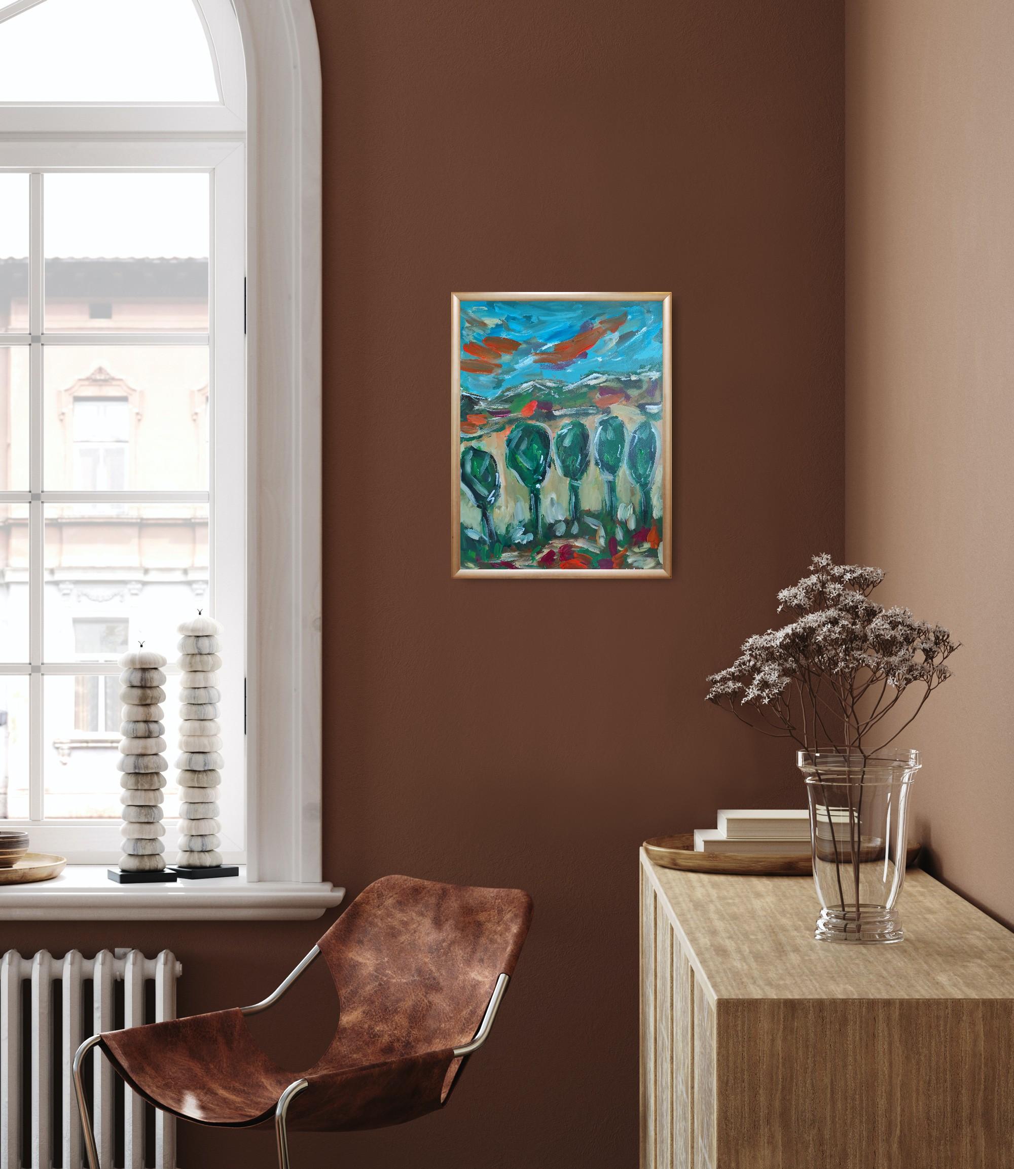 Questo dipinto di paesaggio astratto contemporaneo ed espressivo, creato dall'artista francese Natalya Mougenot, è una vibrante esplorazione del colore, dell'energia e della bellezza grezza del mondo naturale. Intitolata 