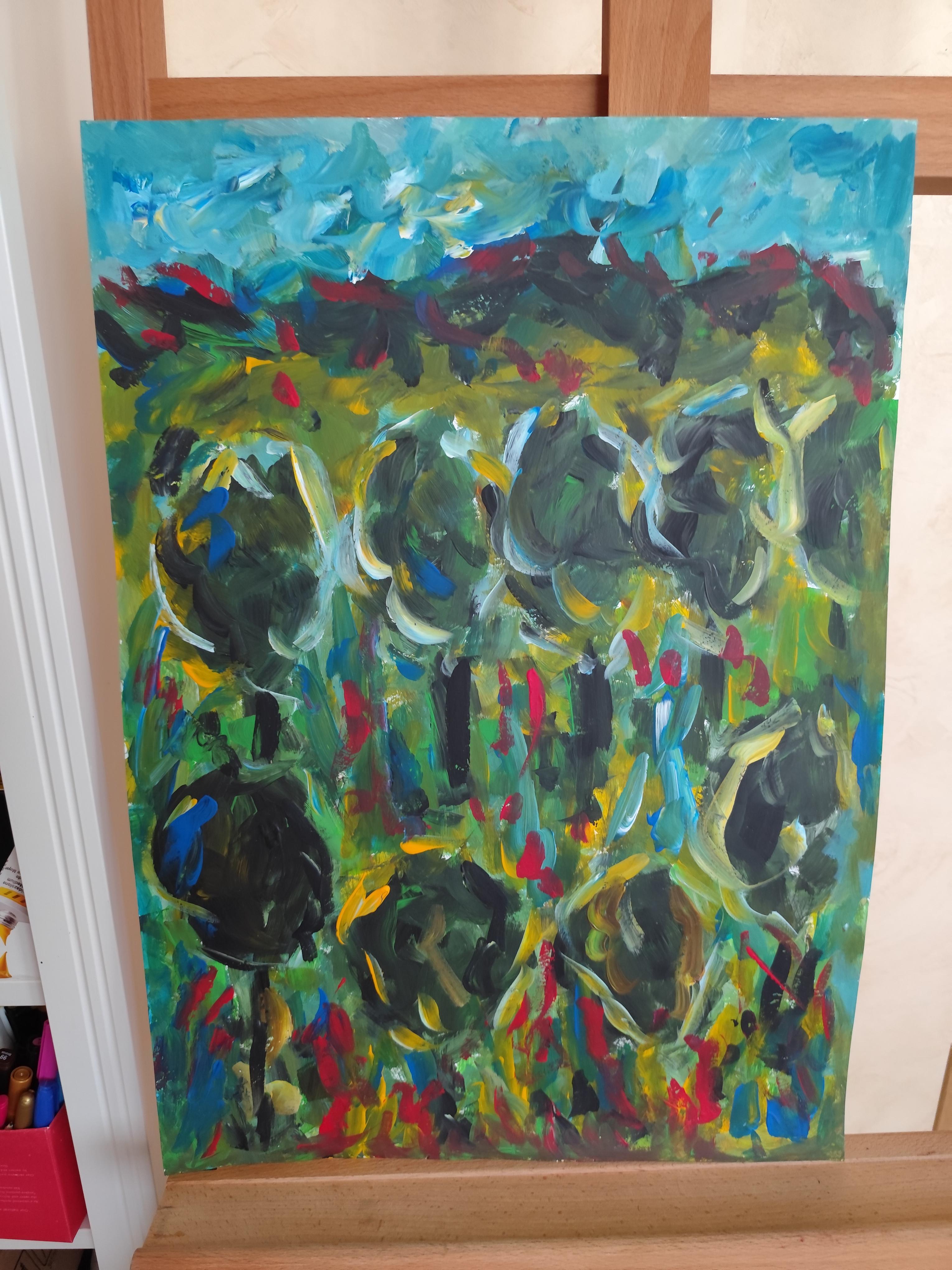 Pintura acrílica abstracta impresionista de naturaleza sobre papel 