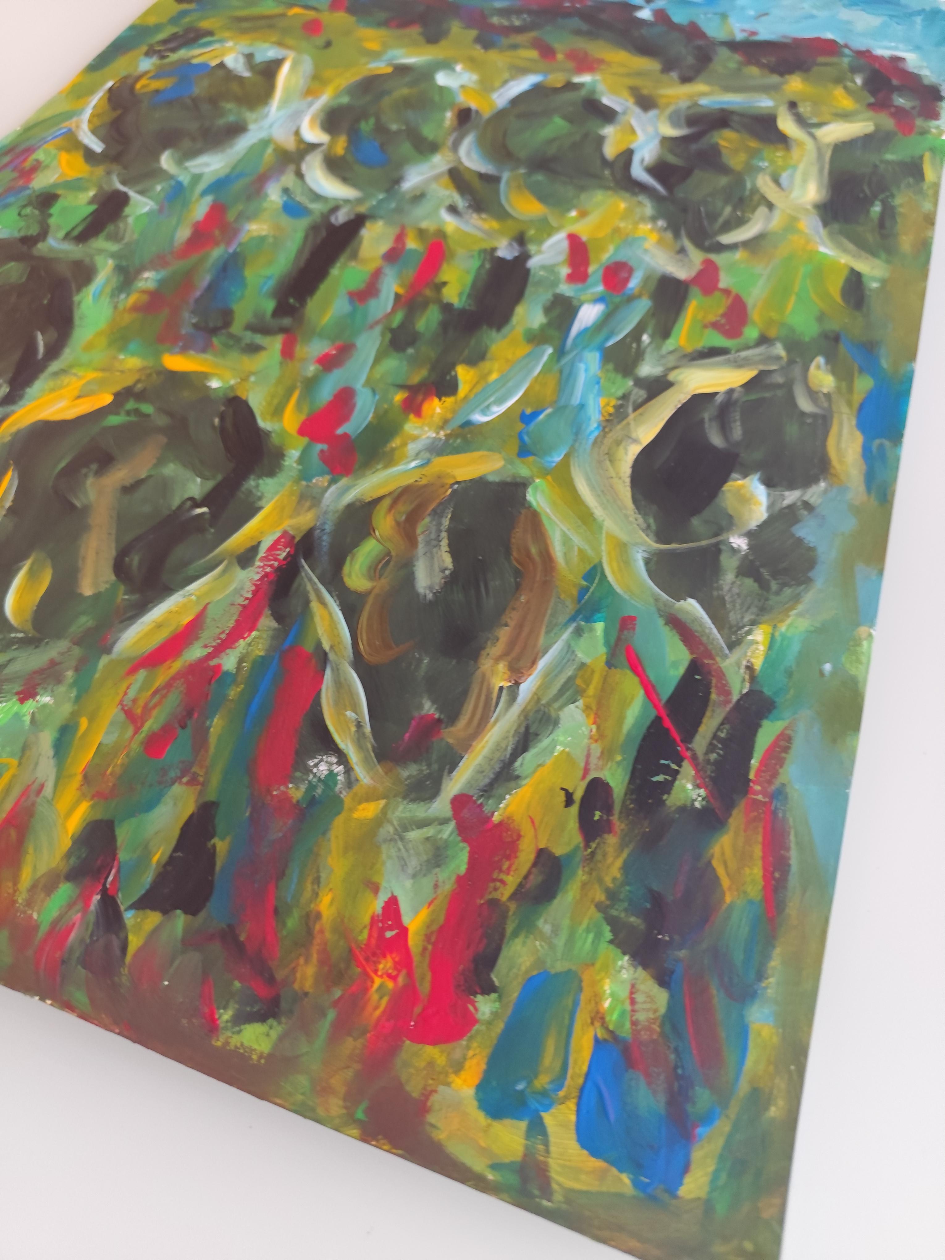 Pintura acrílica abstracta impresionista de naturaleza sobre papel 