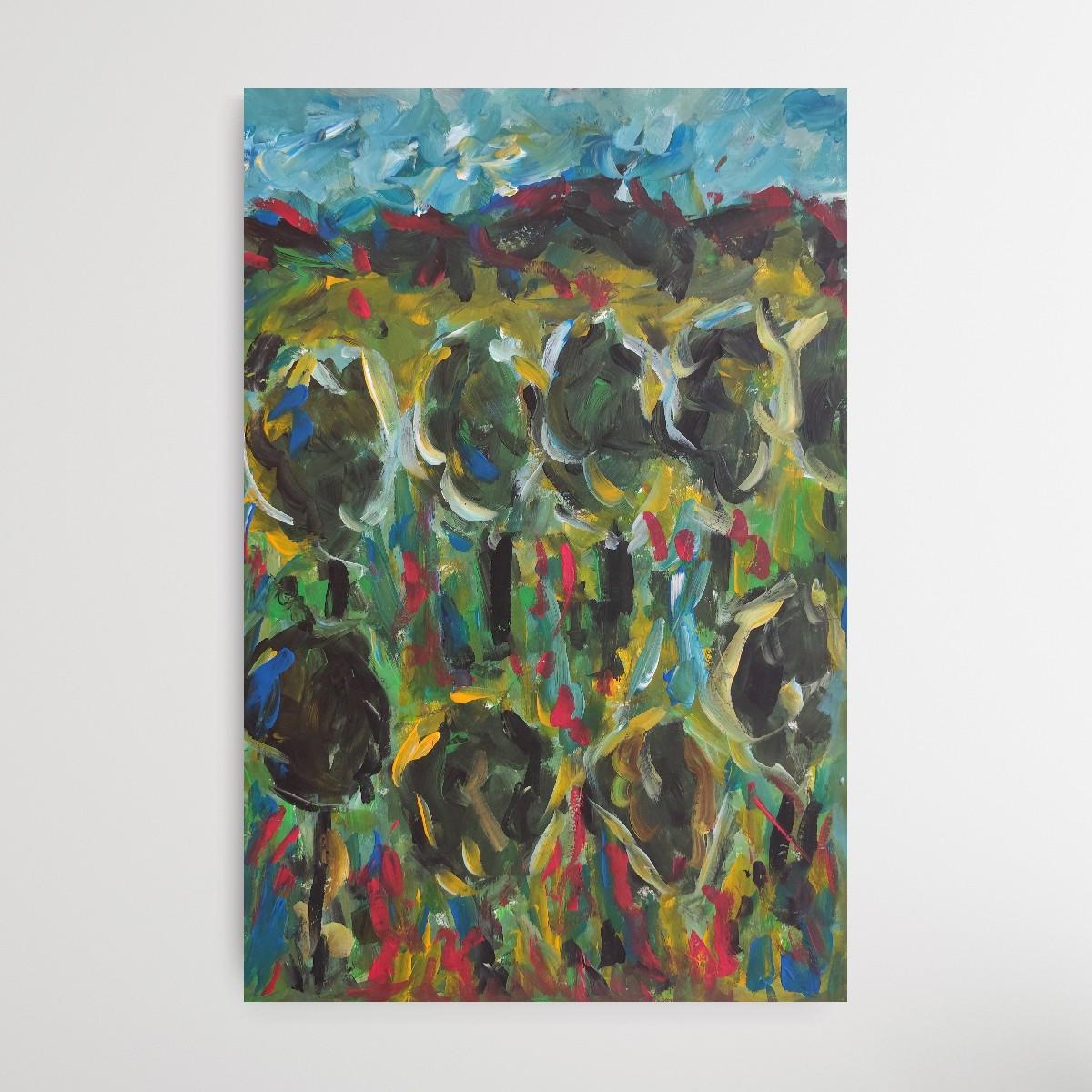 Pintura acrílica abstracta impresionista de naturaleza sobre papel 