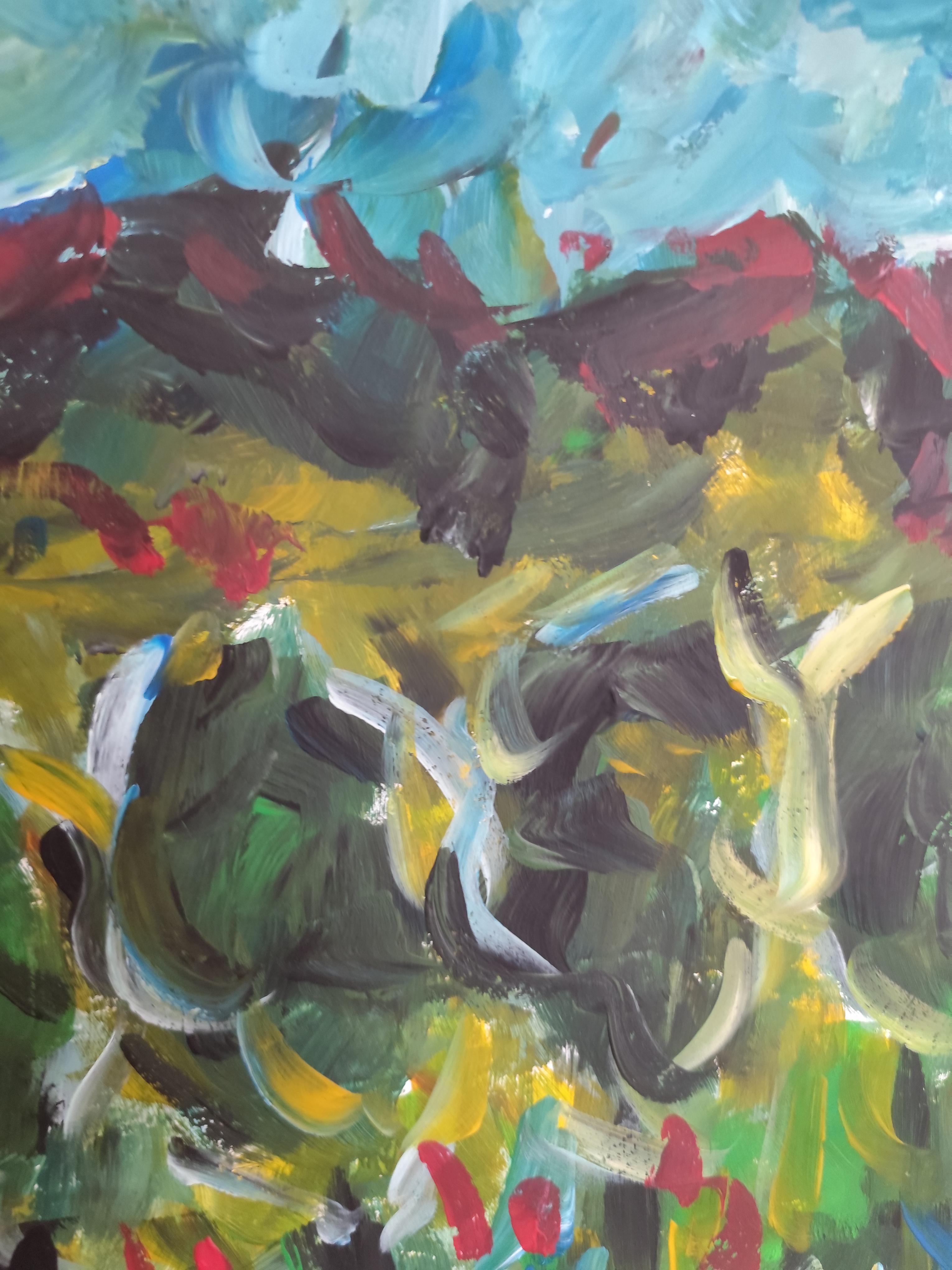 Pintura acrílica abstracta impresionista de naturaleza sobre papel 