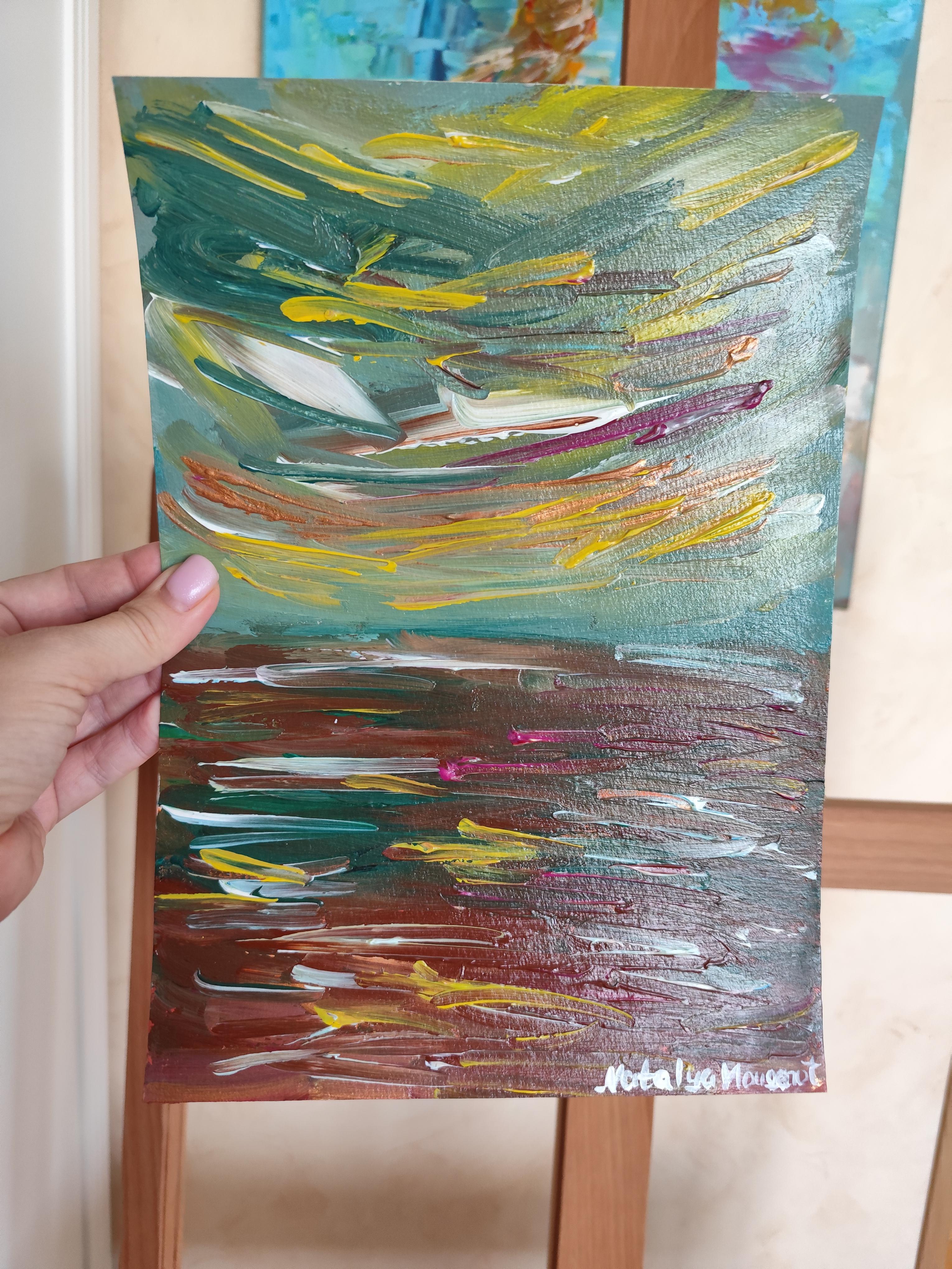 Pittura acrilica astratta contemporanea su carta di un paesaggio marino impressionista in vendita 12