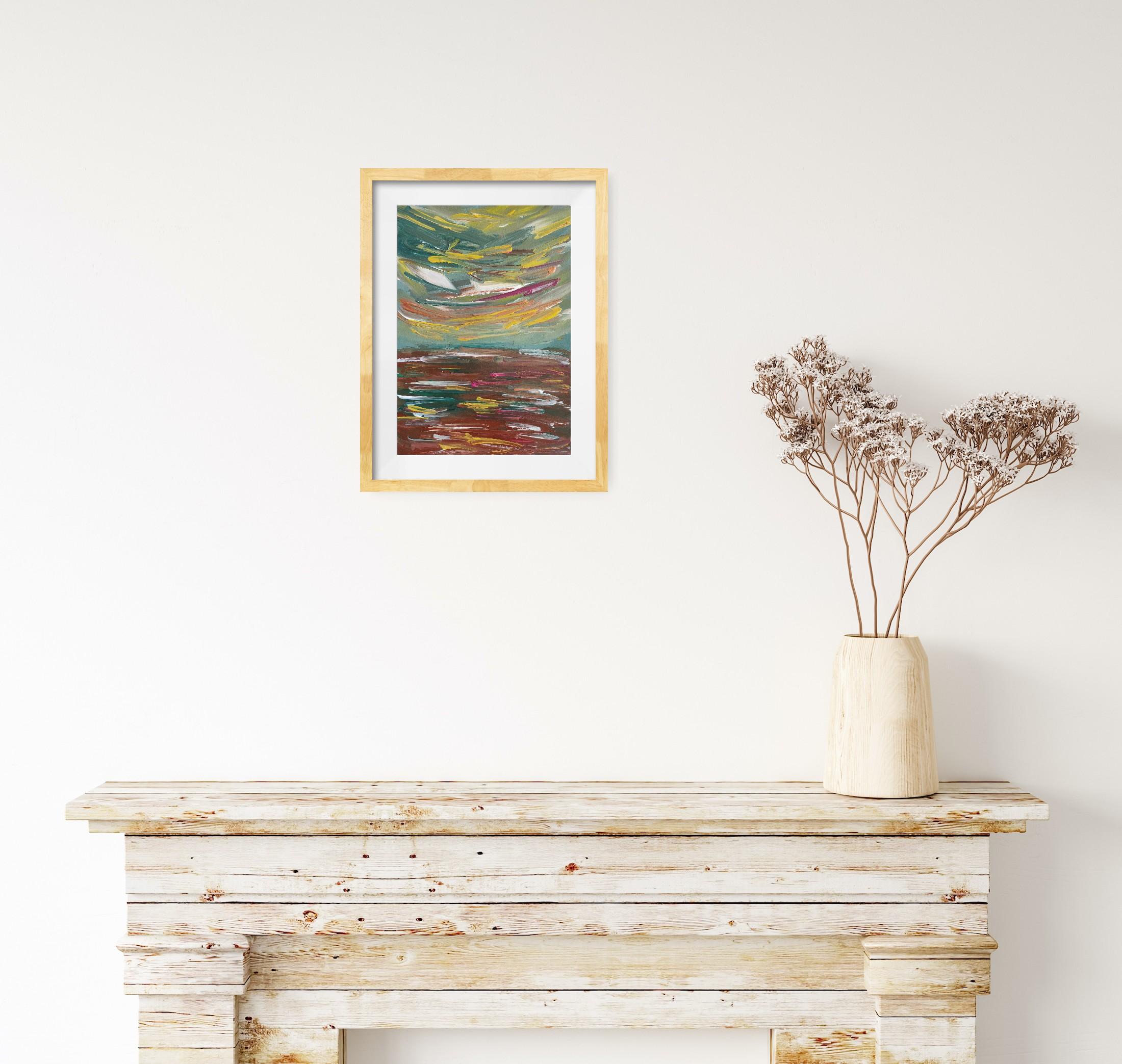 Pittura acrilica astratta contemporanea su carta di un paesaggio marino impressionista - Abstract Painting Grigio di Mougenot Natalya