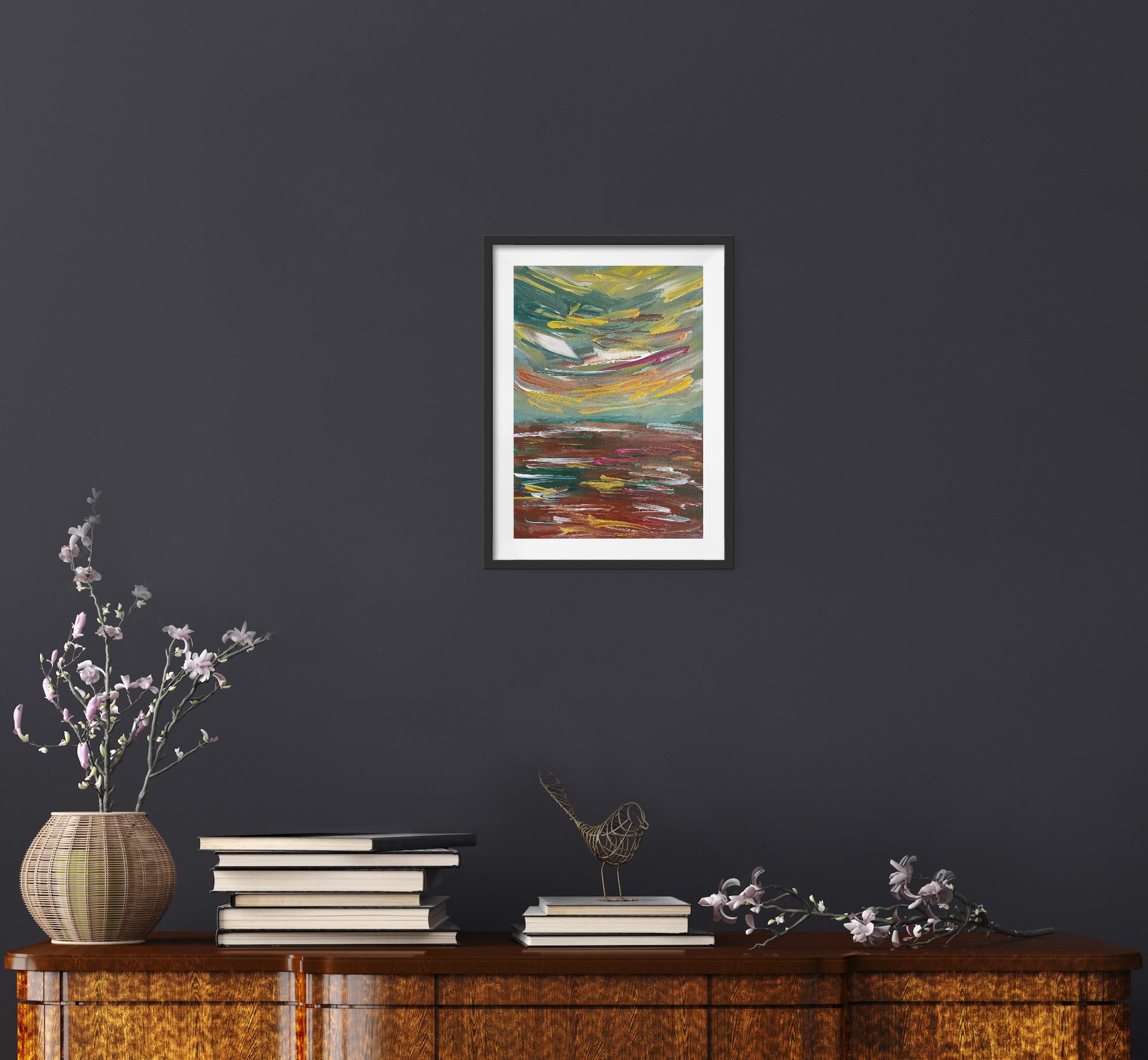 Pittura acrilica astratta contemporanea su carta di un paesaggio marino impressionista in vendita 2