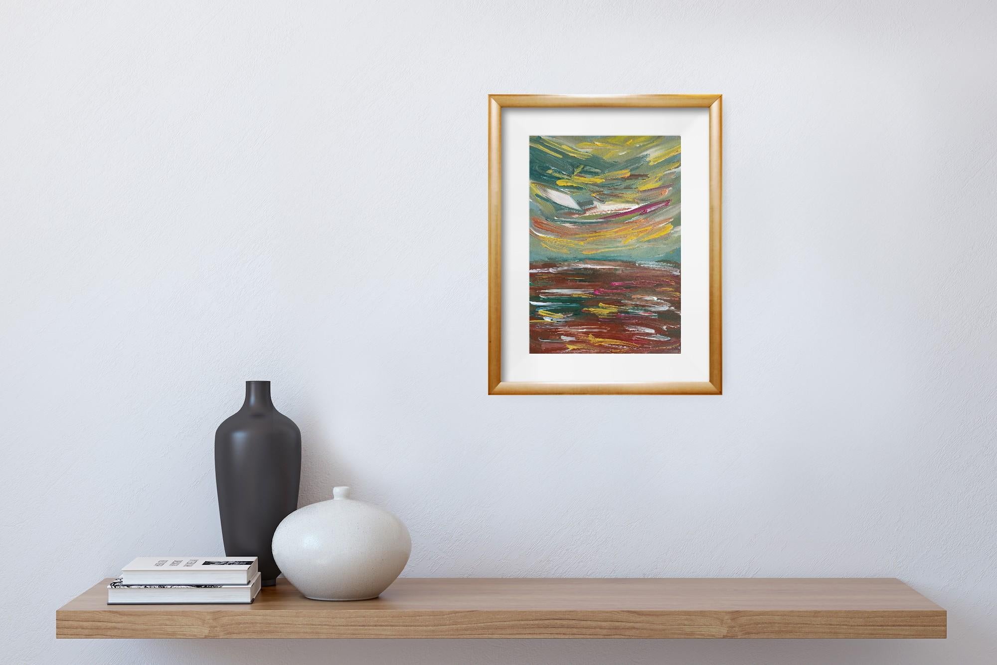Pittura acrilica astratta contemporanea su carta di un paesaggio marino impressionista in vendita 3