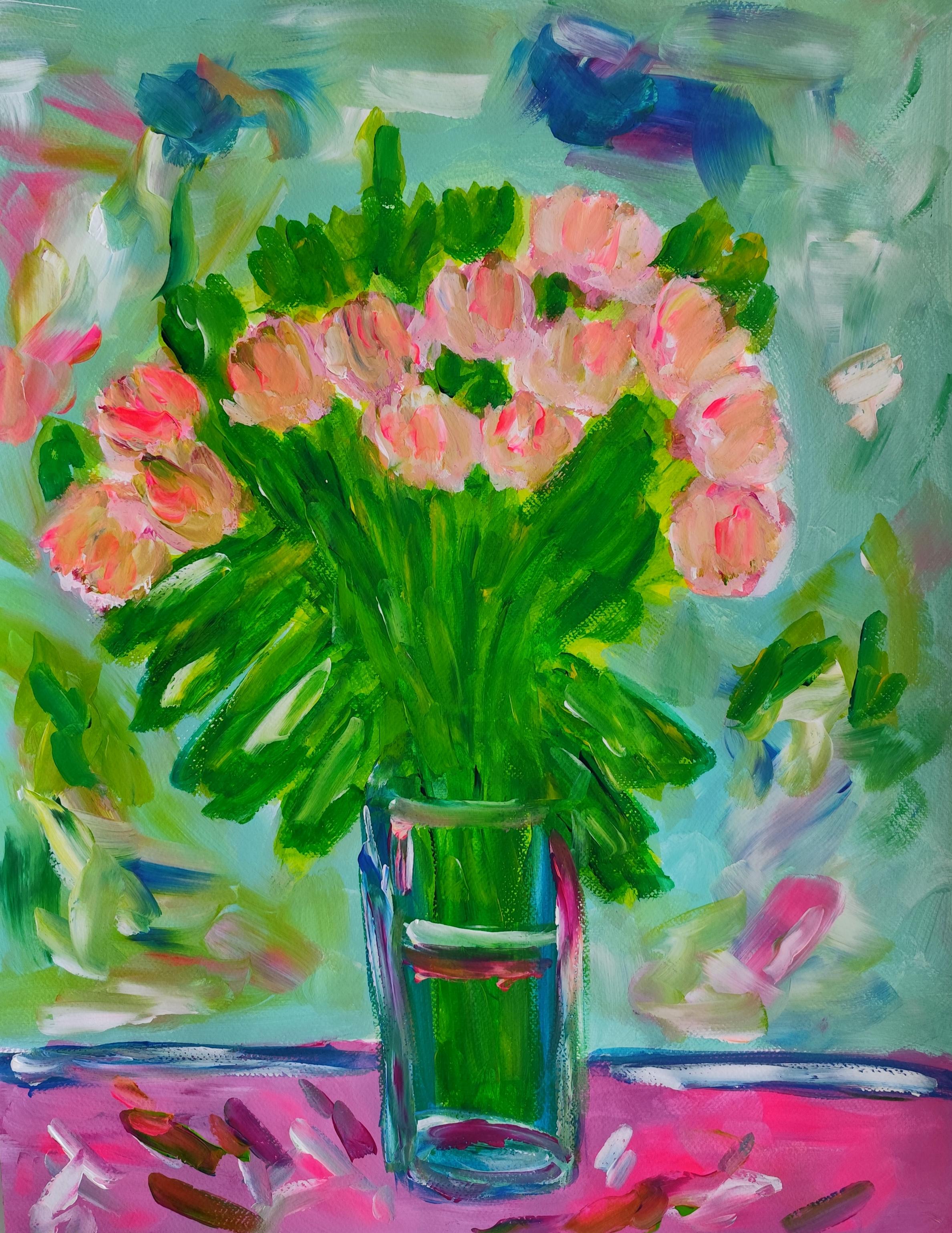 "Tulips for always" Contemporary abstract Impressionist floral painting on paper